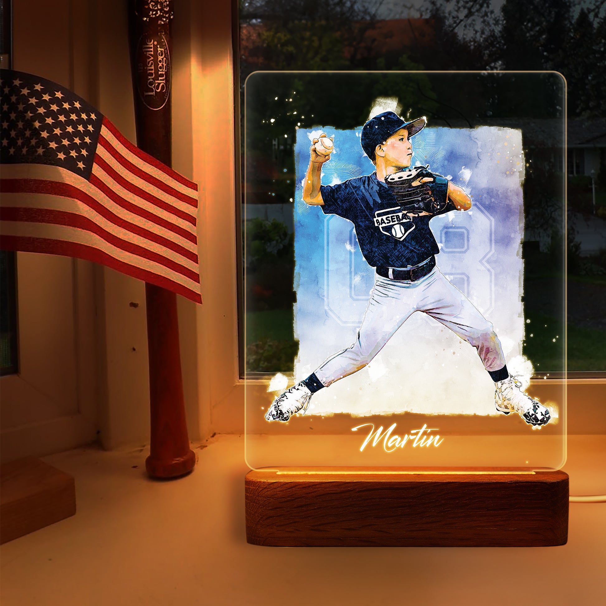Custom Baseball Player Sketch Painting Wooden LED Light