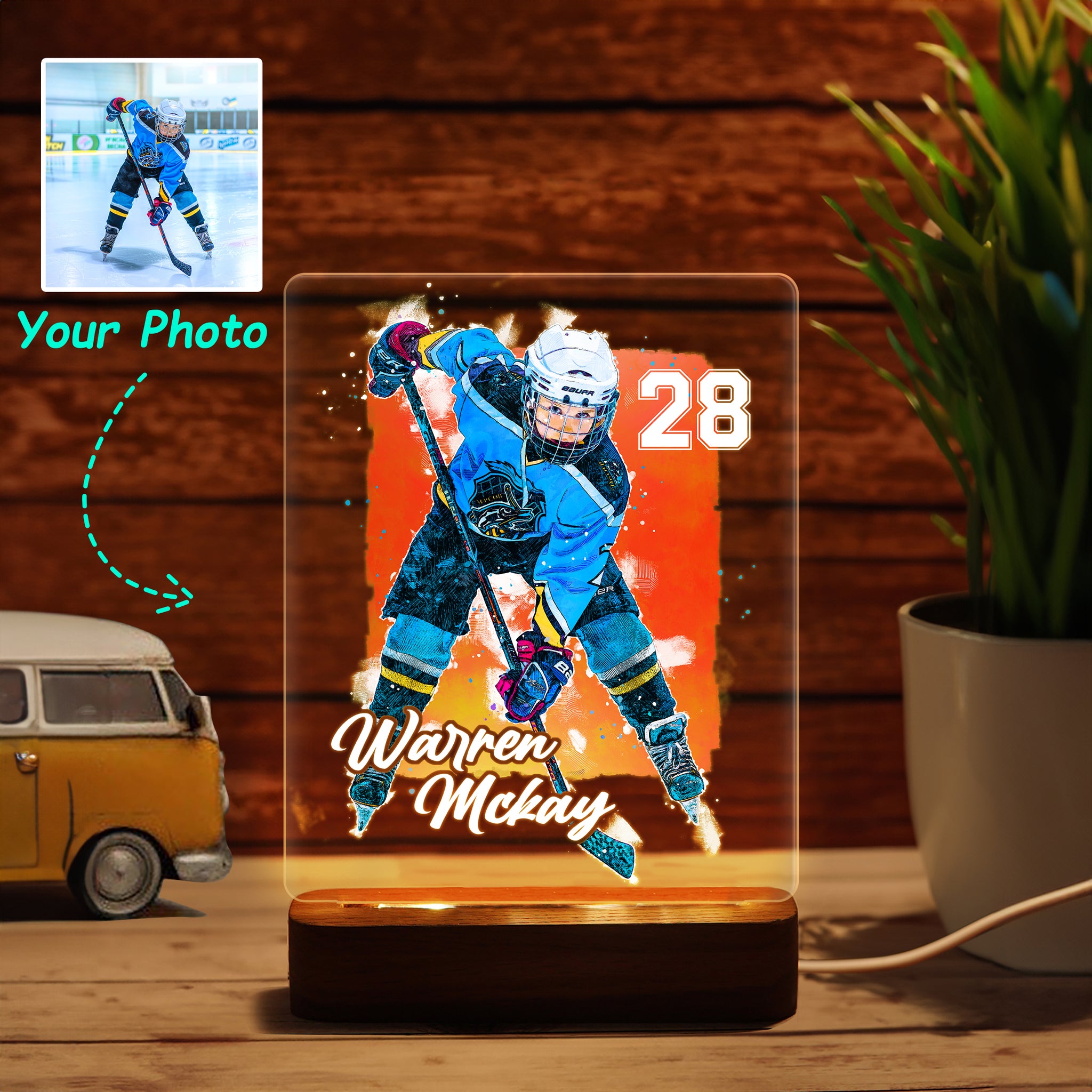 Hapilys Custom Ice Hockey Player Wooden LED  Night Light, gifts for ice hockey players