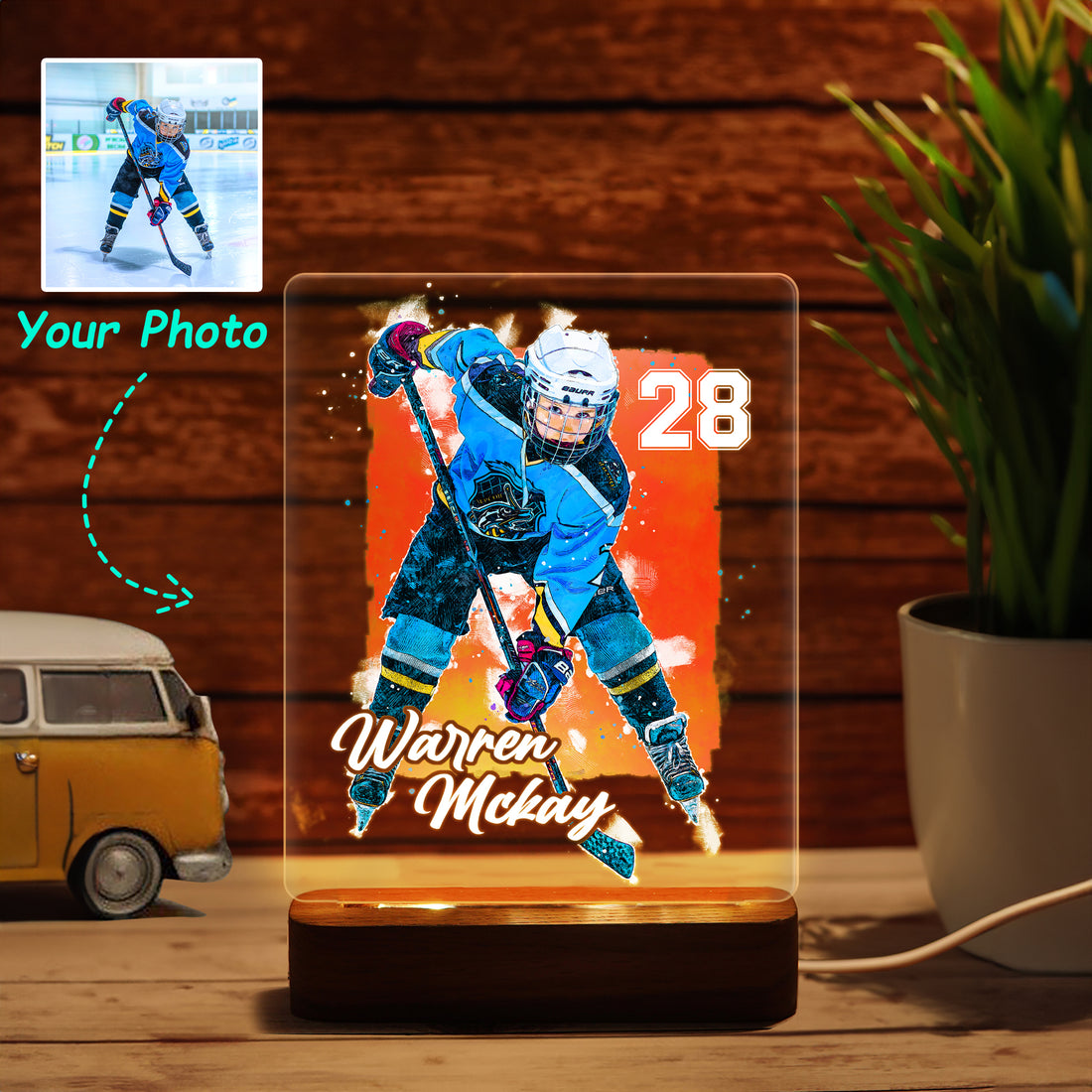 Hapilys Custom Ice Hockey Player Wooden LED  Night Light, gifts for ice hockey players