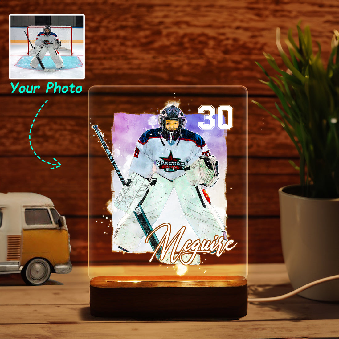 Hapilys Personalized Ice Hockey Player Gift Wooden LED Light