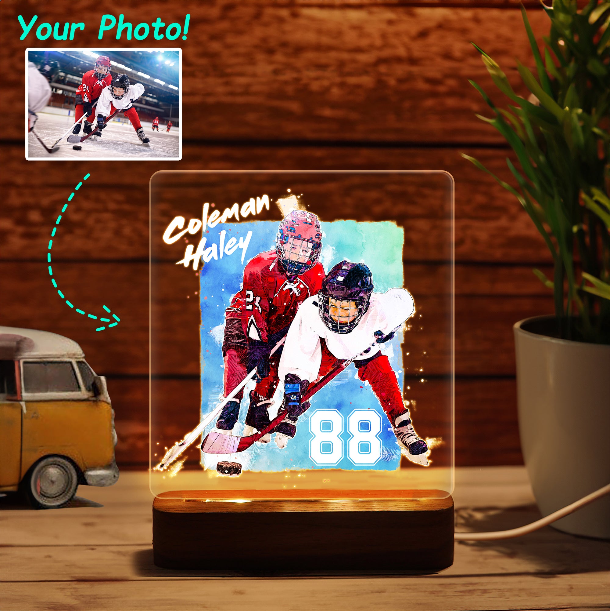 Hapilys Custom Skecth Painting Ice Hockey Player Wooden LED Light