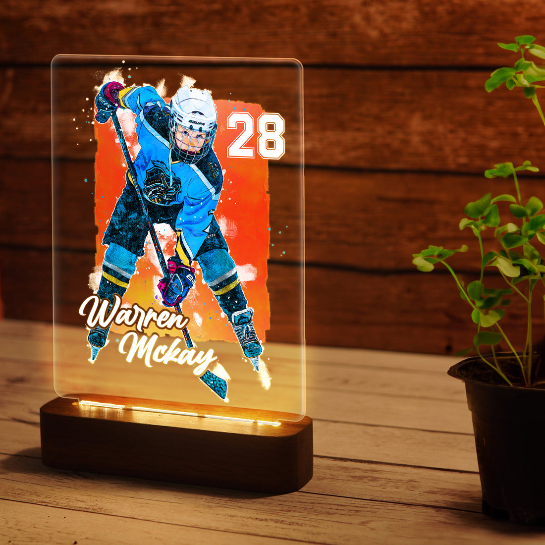 Hapilys Custom Ice Hockey Player Wooden LED  Night Light, gifts for ice hockey players