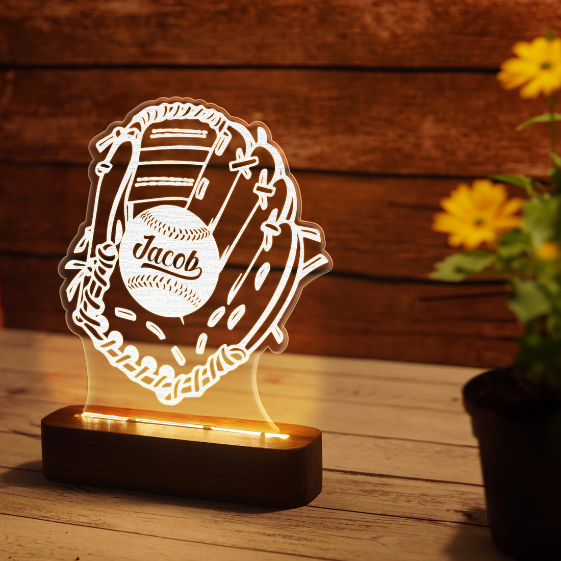 Custom Baseball Athlete Wooden LED Bedside Light