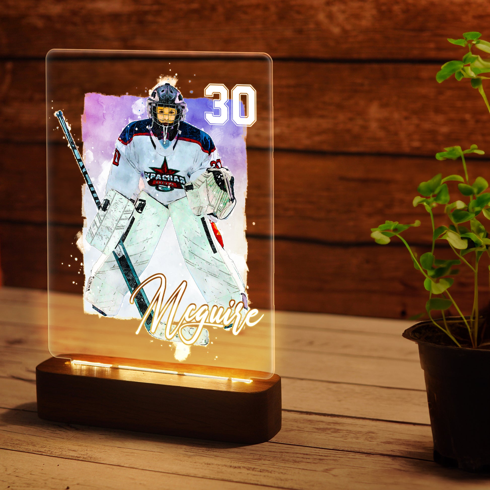 Hapilys Personalized Ice Hockey Player Gift Wooden LED Light