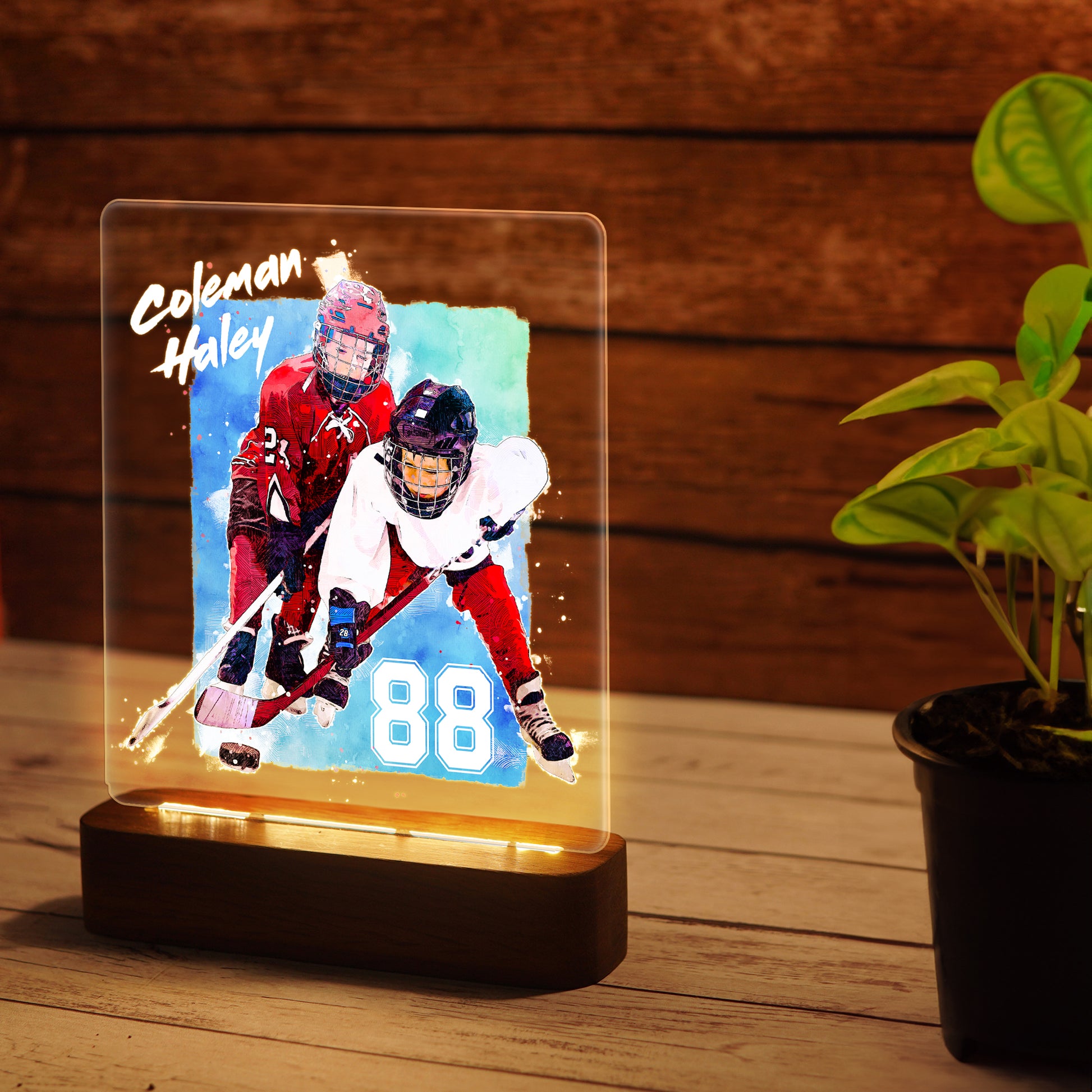 Hapilys Custom Skecth Painting Ice Hockey Player Wooden LED Light