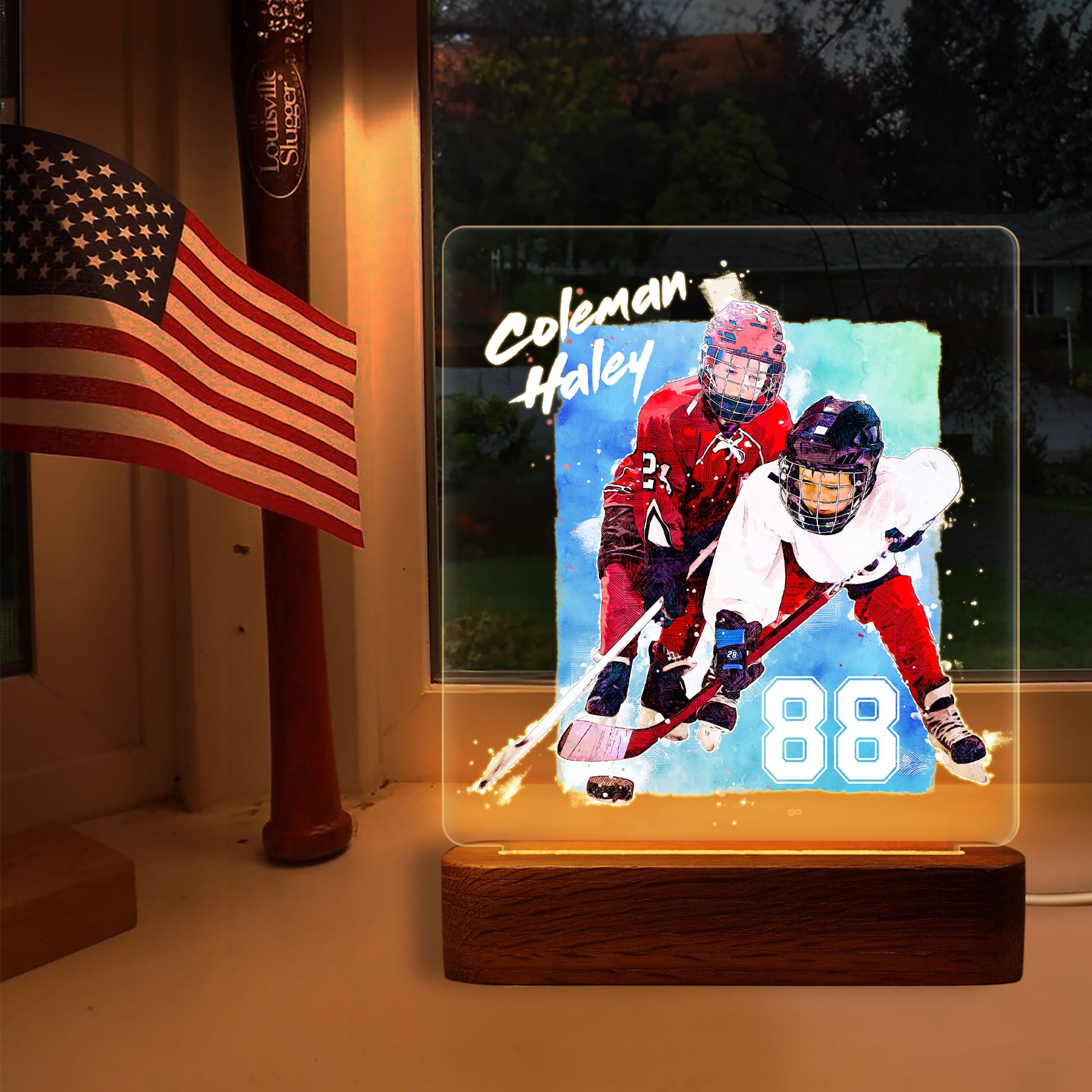 Hapilys Custom Skecth Painting Ice Hockey Player Wooden LED Light