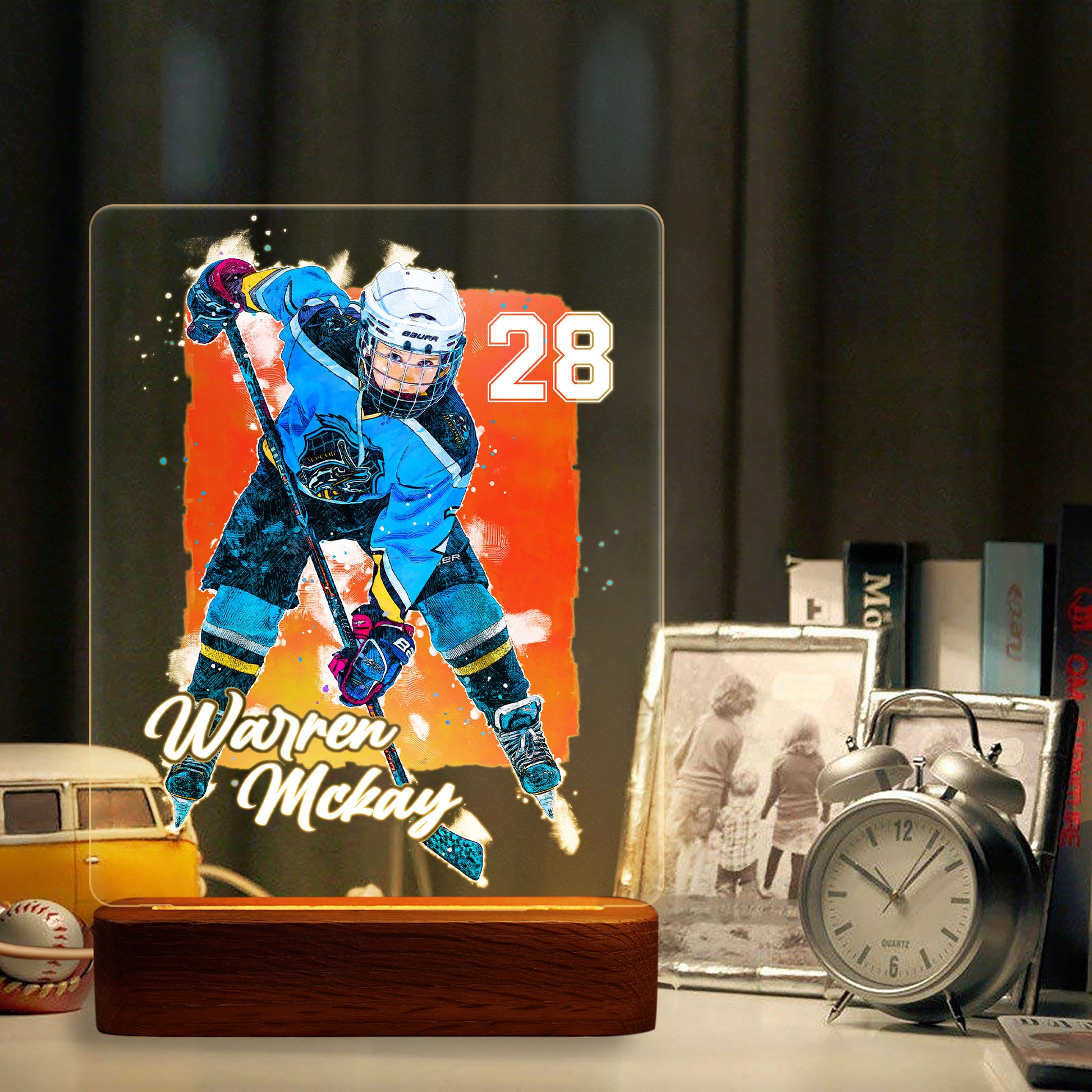 Hapilys Custom Ice Hockey Player Wooden LED Lamp, personalised ice hockey gifts