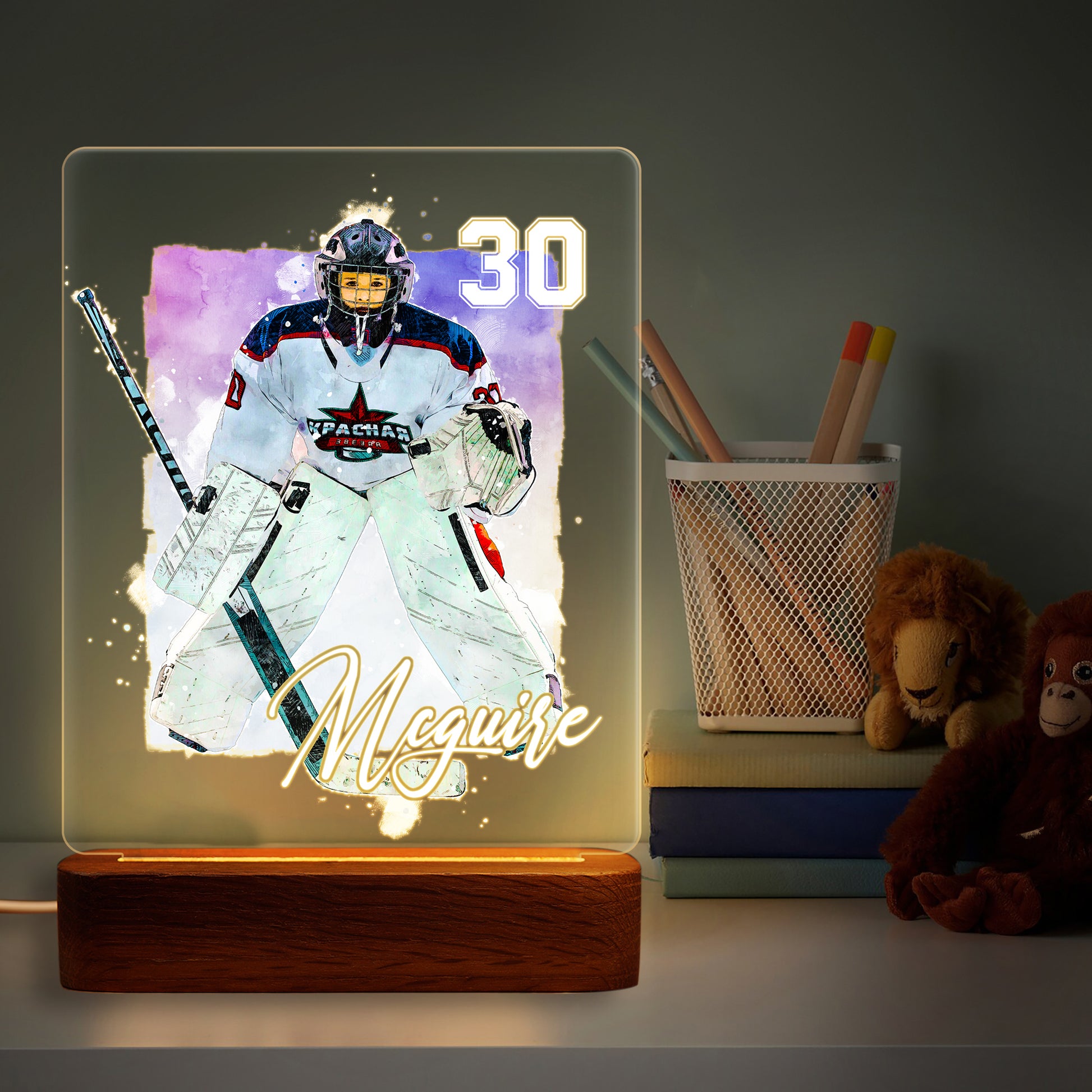 Hapilys Personalized Ice Hockey Player Gift Wooden LED Light