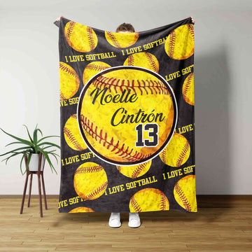 Personalized I Love Softball Name & Number Blanket