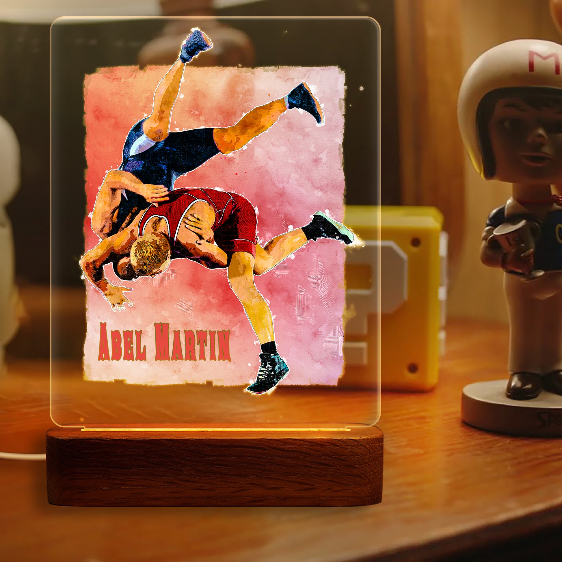 Custom Wrestling Player Sketch Painting Wooden LED Light