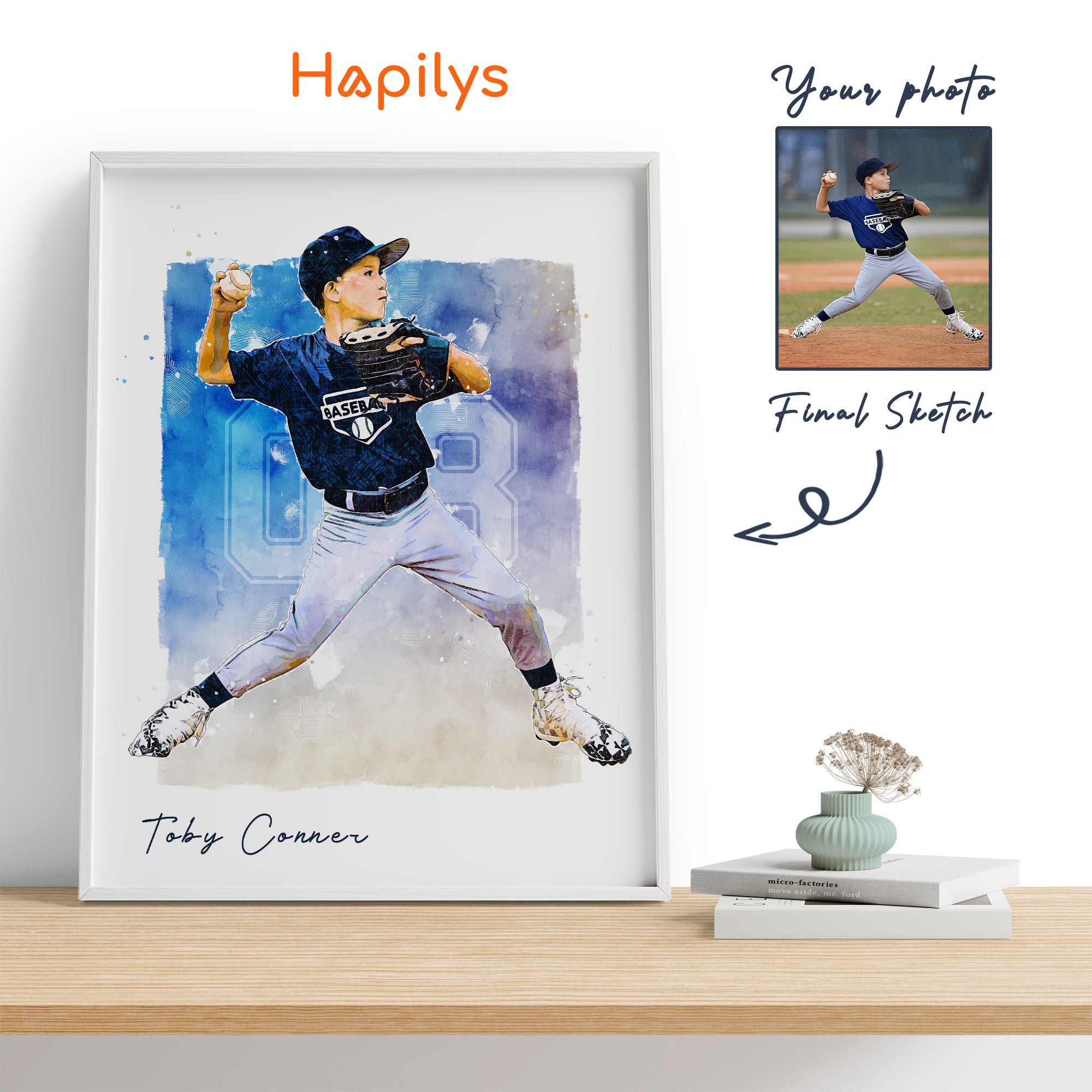 Custom Baseball Player Gift, Custom Illustration Sketch Painting Framed Canvas