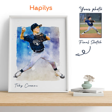 Custom Baseball Player Gift, Custom Illustration Sketch Painting Framed Canvas