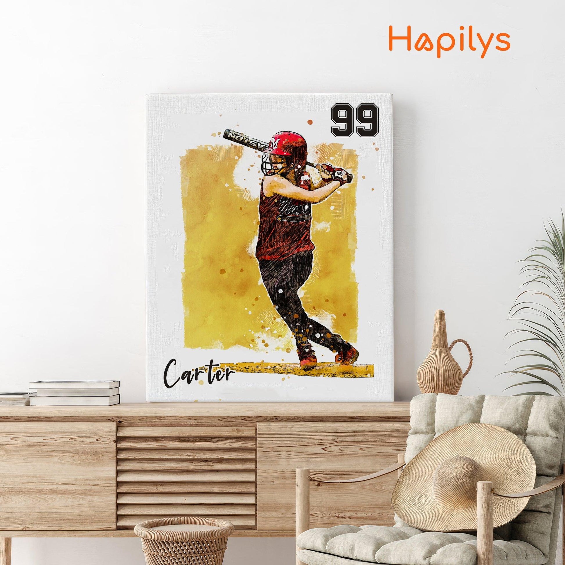 Hapilys Custom Baseball Player Gift, Custom Illustration Sketch Painting Matte Canvas