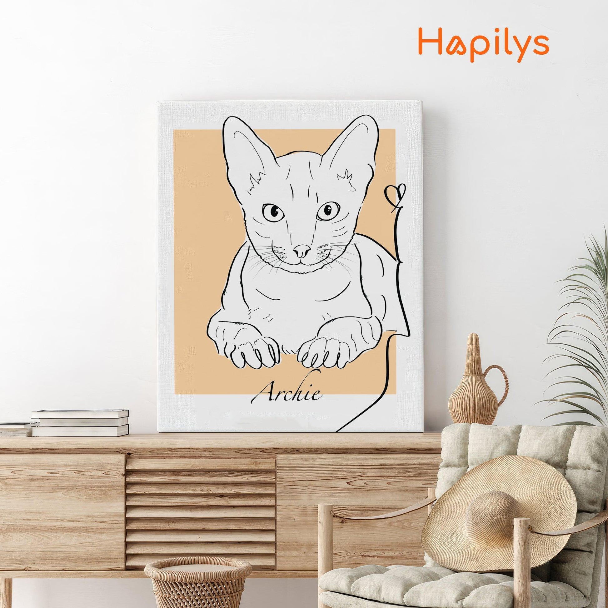 Hapilys Custom Cat Portrait Line Art Wall Decor, Cat Line Art Portrait Drawing Sketches from photo, Hand Drawn Cat Portrait Matte Canvas