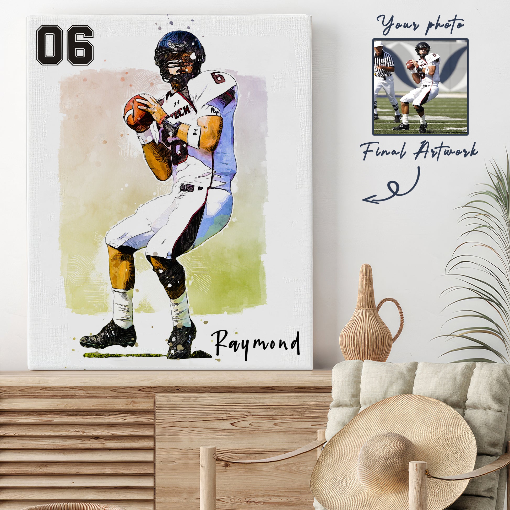 Custom American Football Player Gift, Custom Illustration Sketch Painting Matte Canvas - Hapilys - Stunning Custom Art