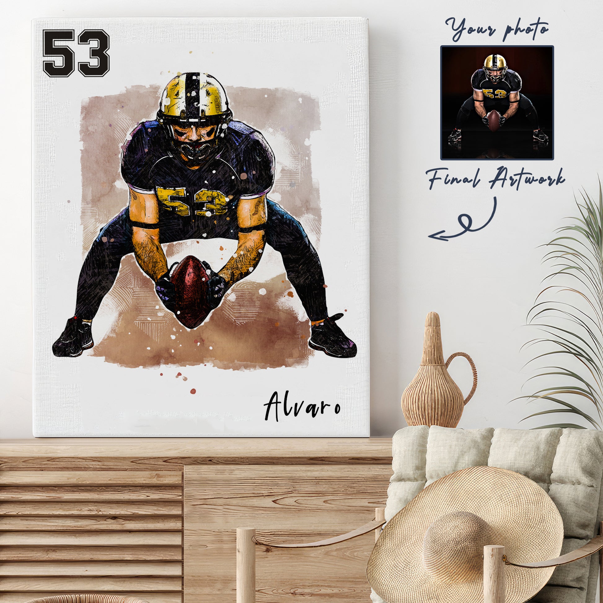 Custom American Football Player Gift, Custom Illustration Sketch Painting Matte Canvas - Hapilys - Stunning Custom Art