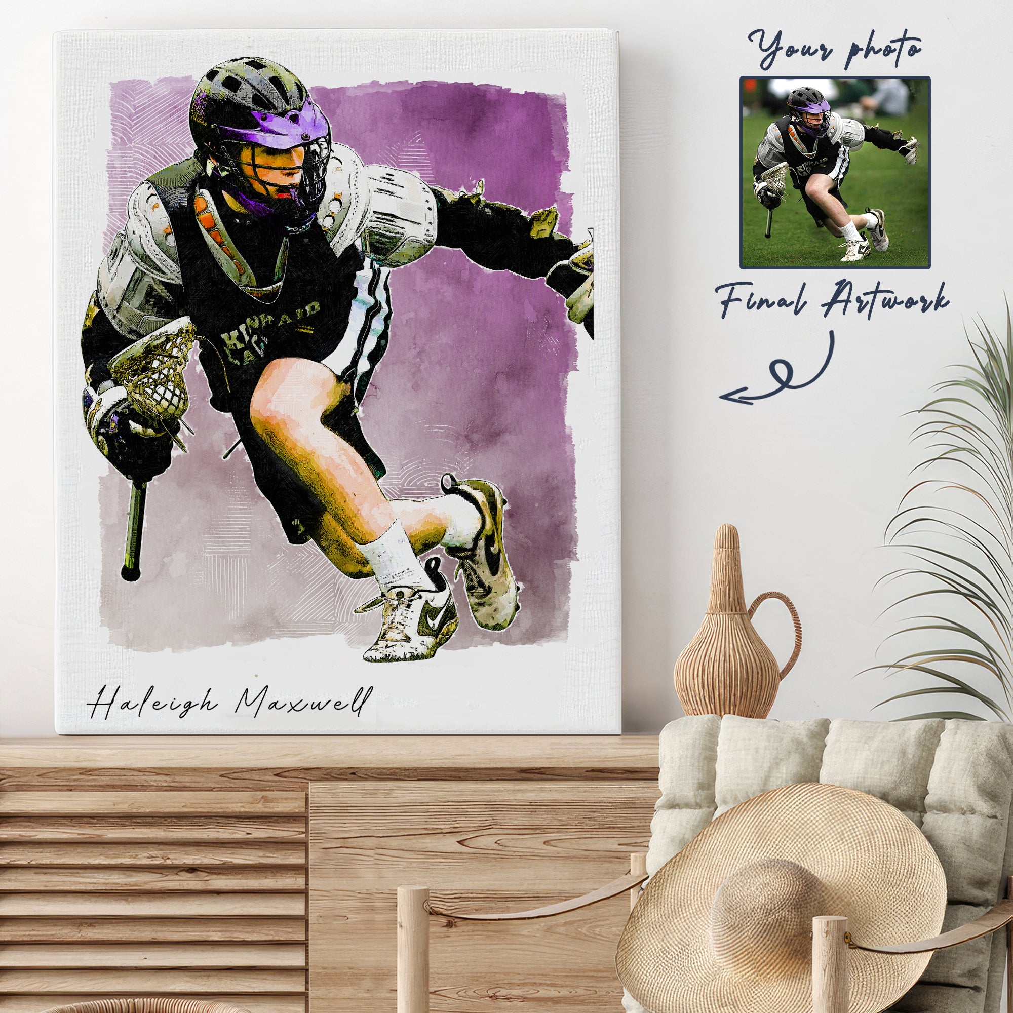 Hapilys Custom Lacrosse Player Gift, Custom Sketch Painting From Photo, Custom Illustration Sketch Matte Canvas