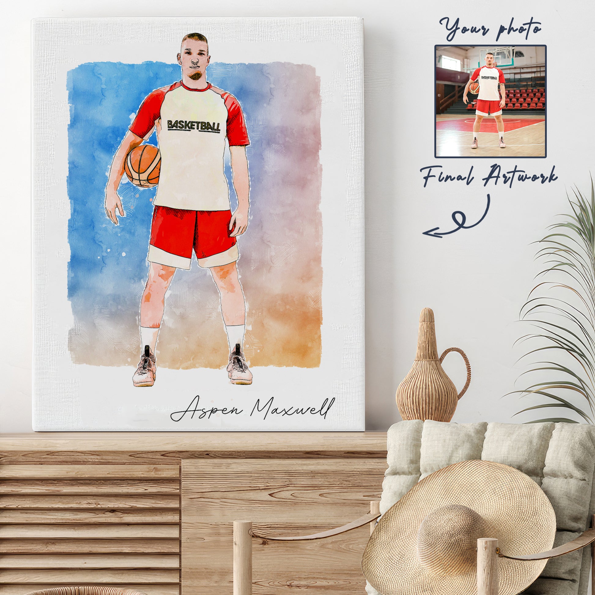 Hapilys Custom BasketBall Player Gift, Custom Sketch Painting From Photo, Custom Illustration Sketch Matte Canvas