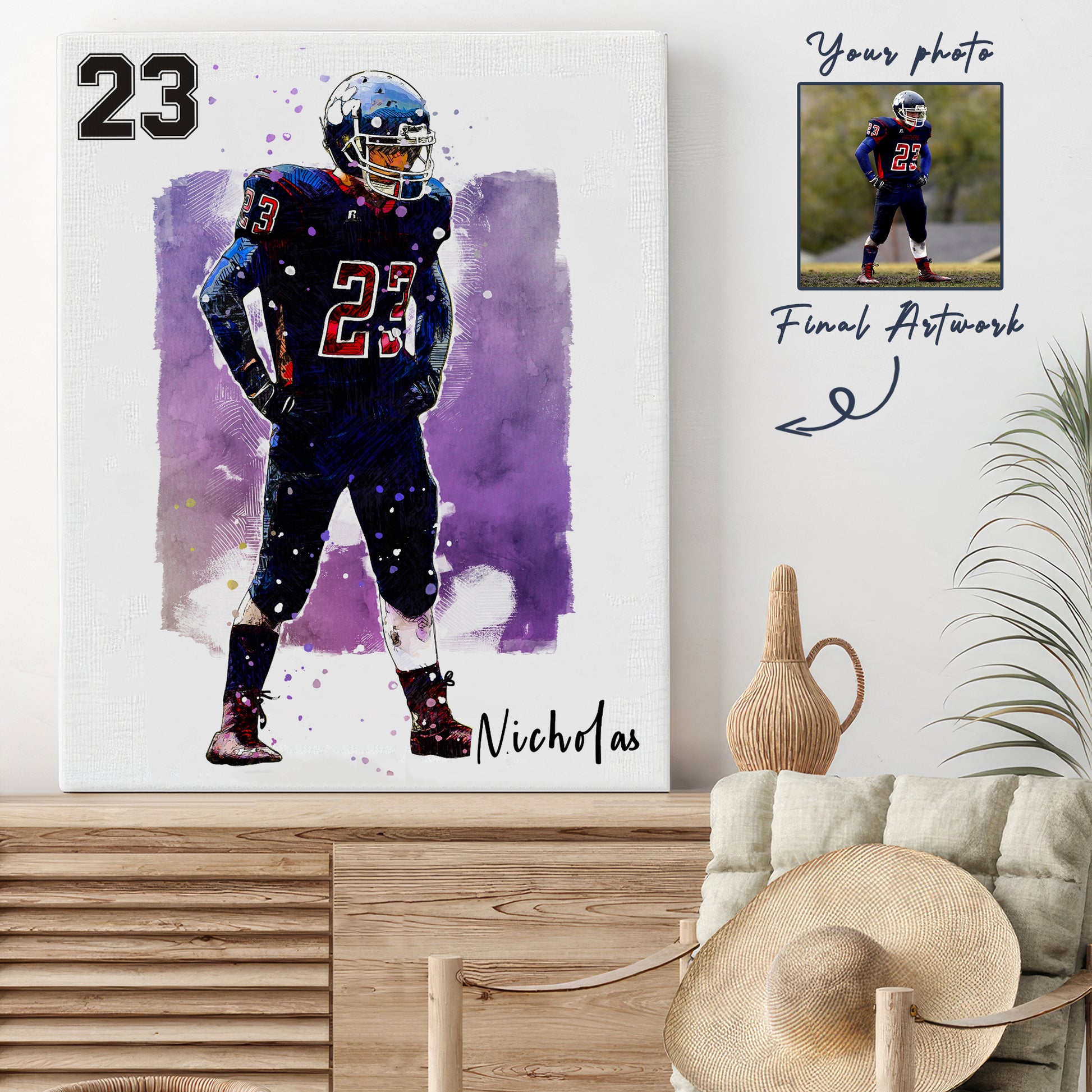 Custom American Football Player Gift, Custom Illustration Sketch Painting Matte Canvas - Hapilys - Stunning Custom Art