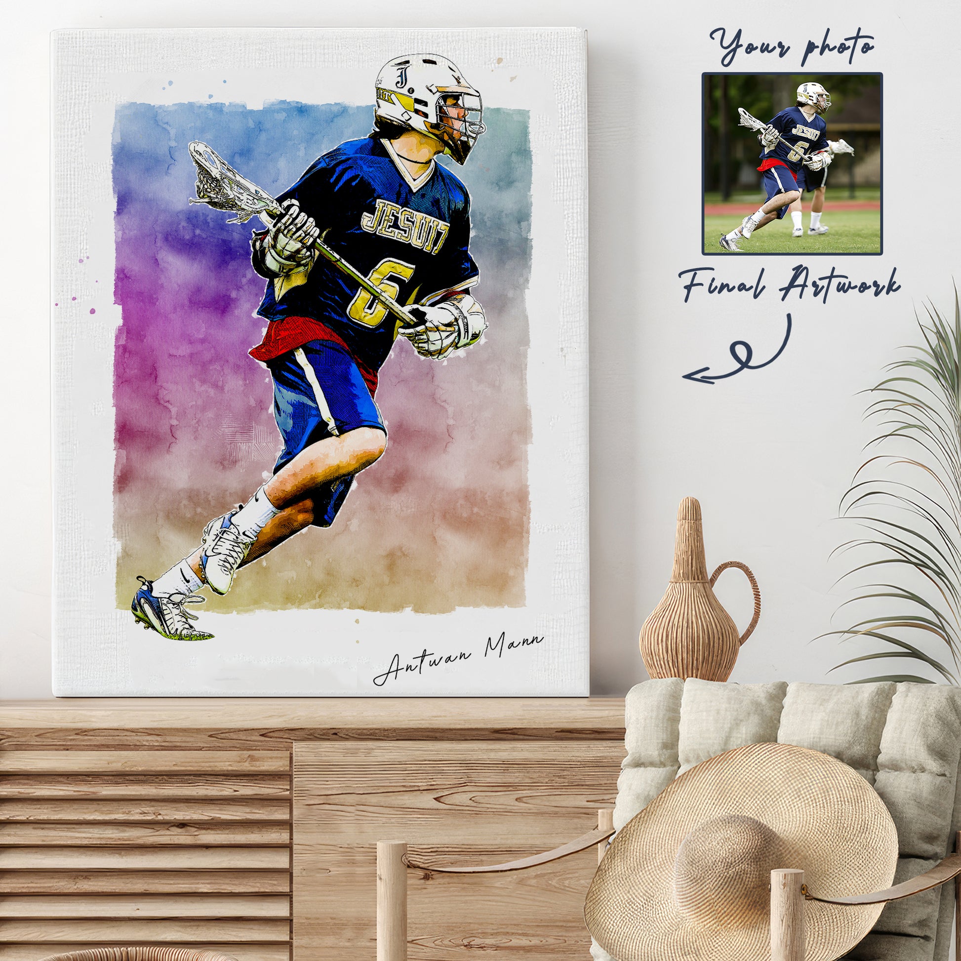 Hapilys Custom Lacrosse Player Gift, Custom Sketch Painting From Photo, Custom Illustration Sketch Matte Canvas