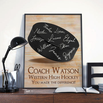 Hockey Gift For Coach, Team Members Signatures Custom Print, Thank You Coach Gift