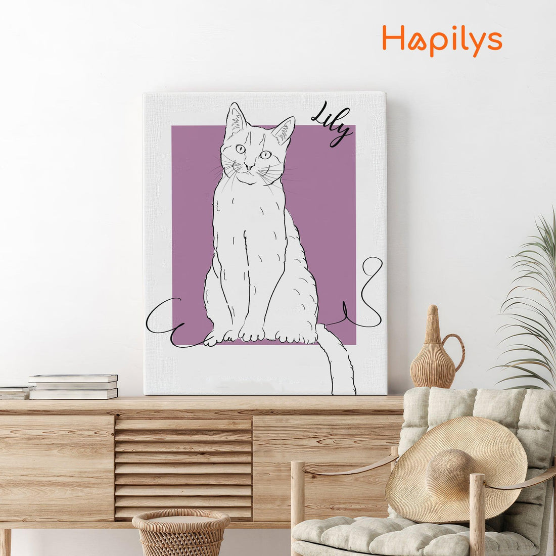 Hapilys Custom Cat Portrait Line Art Wall Decor, Cat Line Art Portrait Drawing Sketches from photo, Hand Drawn Cat Portrait Matte Canvas