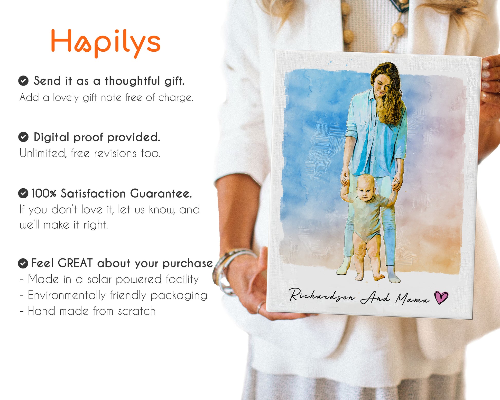 Hapilys Custom Portrait Mother's Day Gift, Sketch Painting from photo, Personalized Sketch Matte Canvas