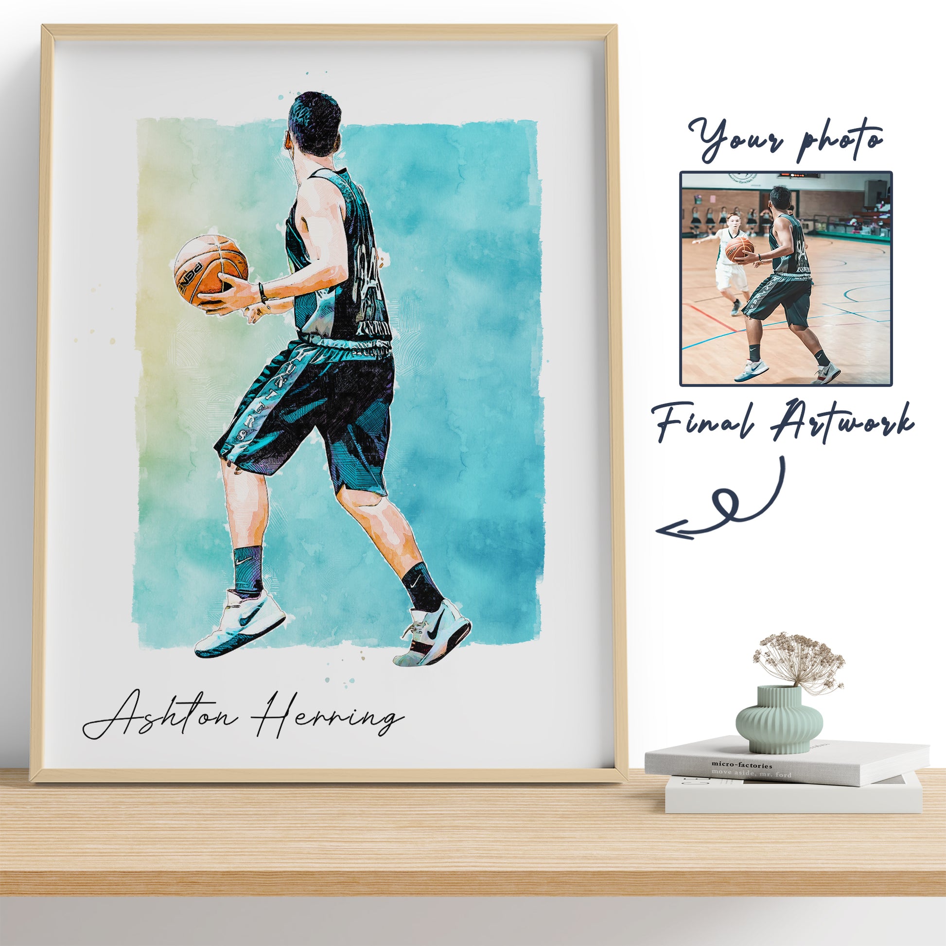 Hapilys Custom Basketball Player Gift, Custom Illustration Sketch Painting Framed Canvas