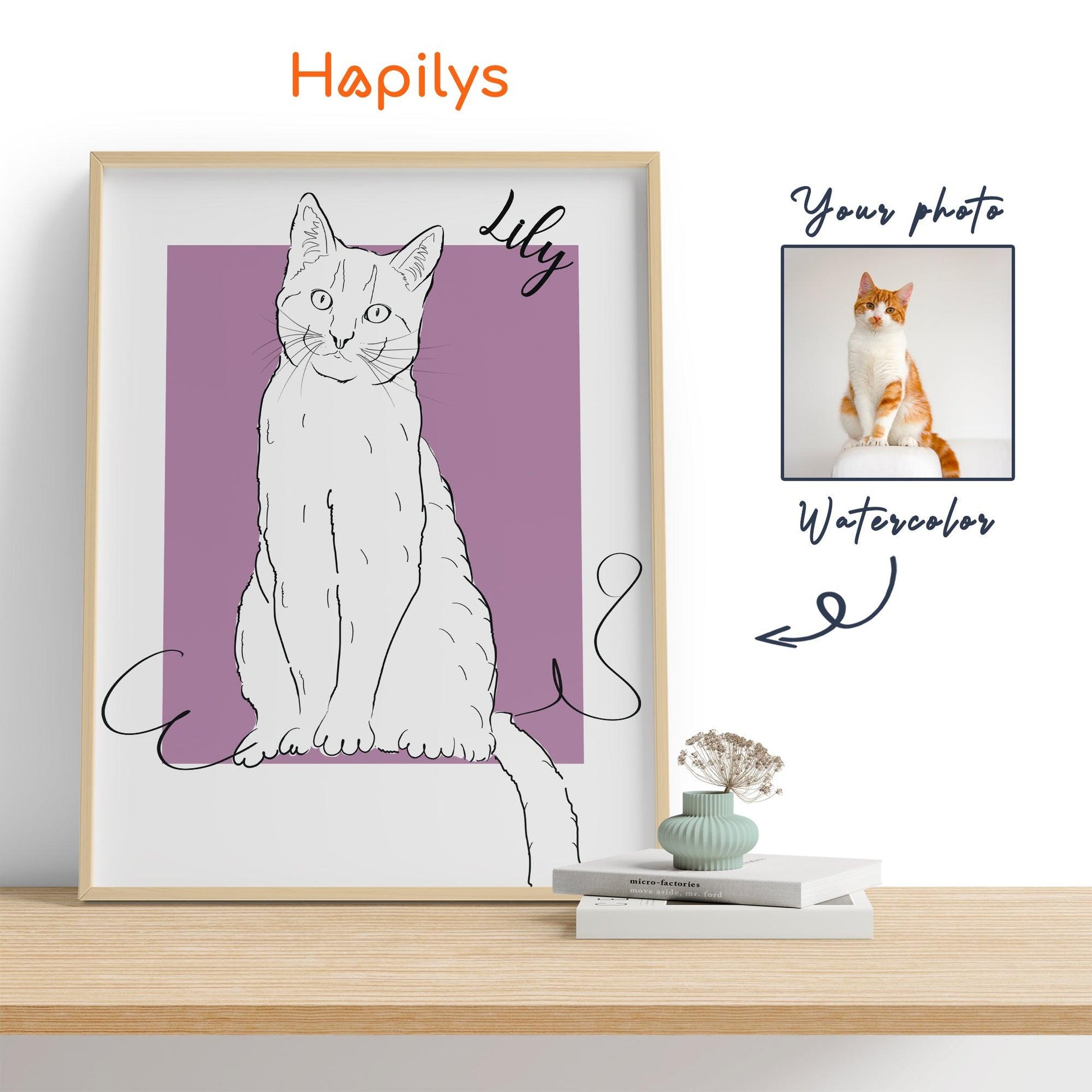 Hapilys Custom Cat Portrait Line Art Wall Decor, Cat Line Art Portrait Drawing Sketches from photo, Hand Drawn Cat Portrait Framed Canvas