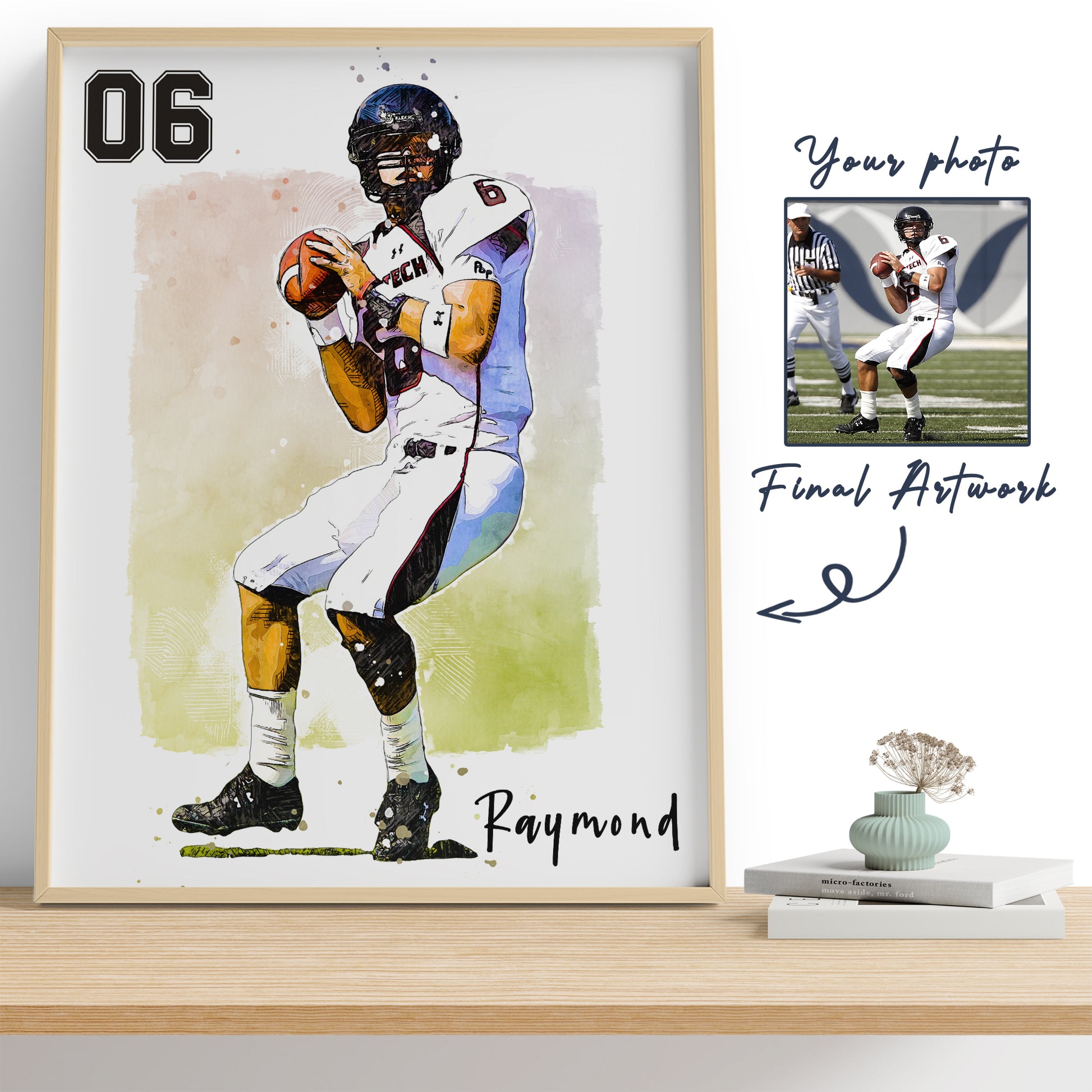 Custom American Football Player Gift, Custom Illustration Sketch Painting Framed Canvas - Hapilys - Stunning Custom Art