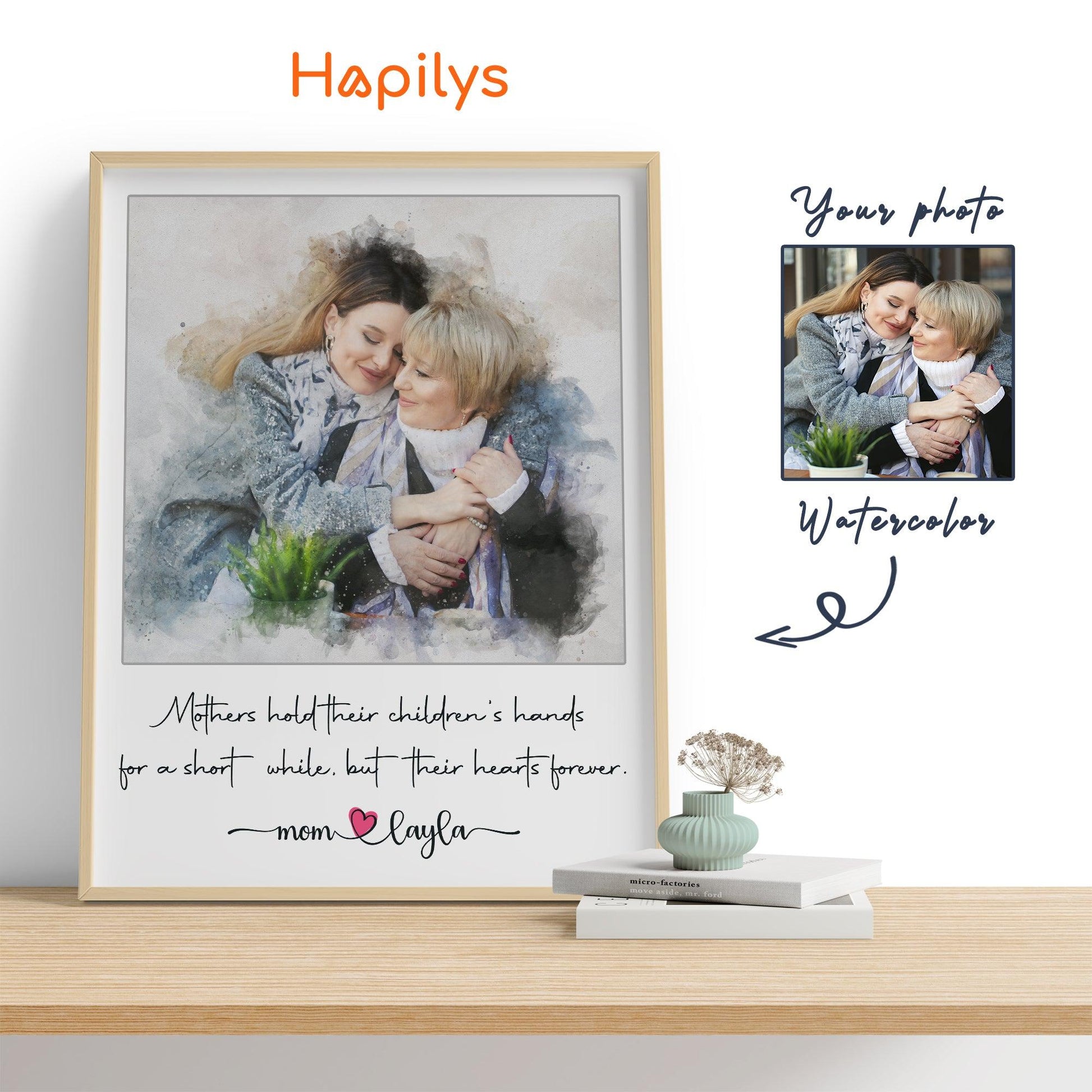 Hapilys Mother's Day Custom Portrait, Mother's Day Gift Ideas, Best Mother's Day Gift, Personalized Mothers Day Portrait, Watercolor Framed Canvas Gifts for Mom