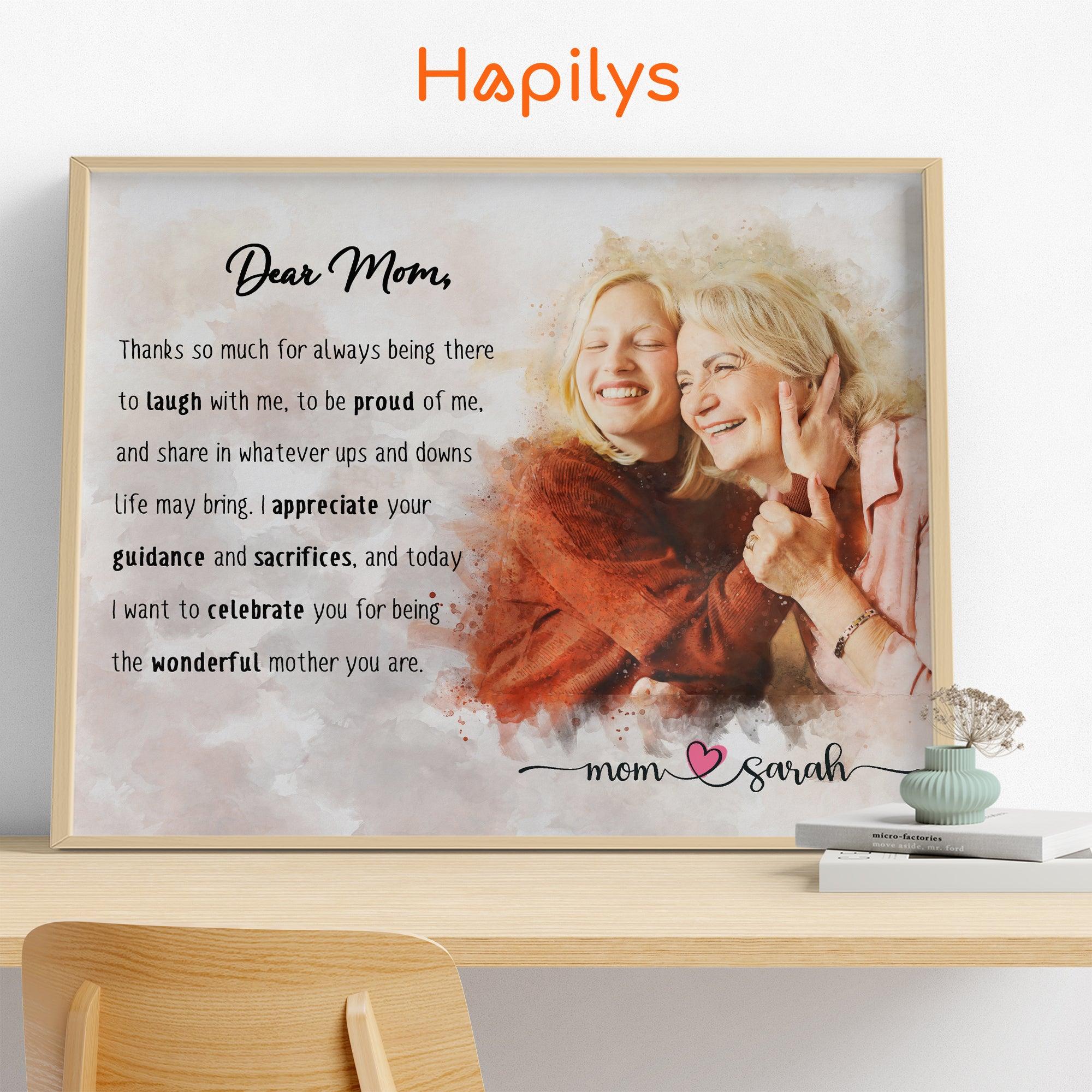 Hapilys Personalized Gift For Mom, Unique Gift For Mother, Watercolor Custom Portrait, Personalized Mother's Day Watercolor Portrait Framed Canvas