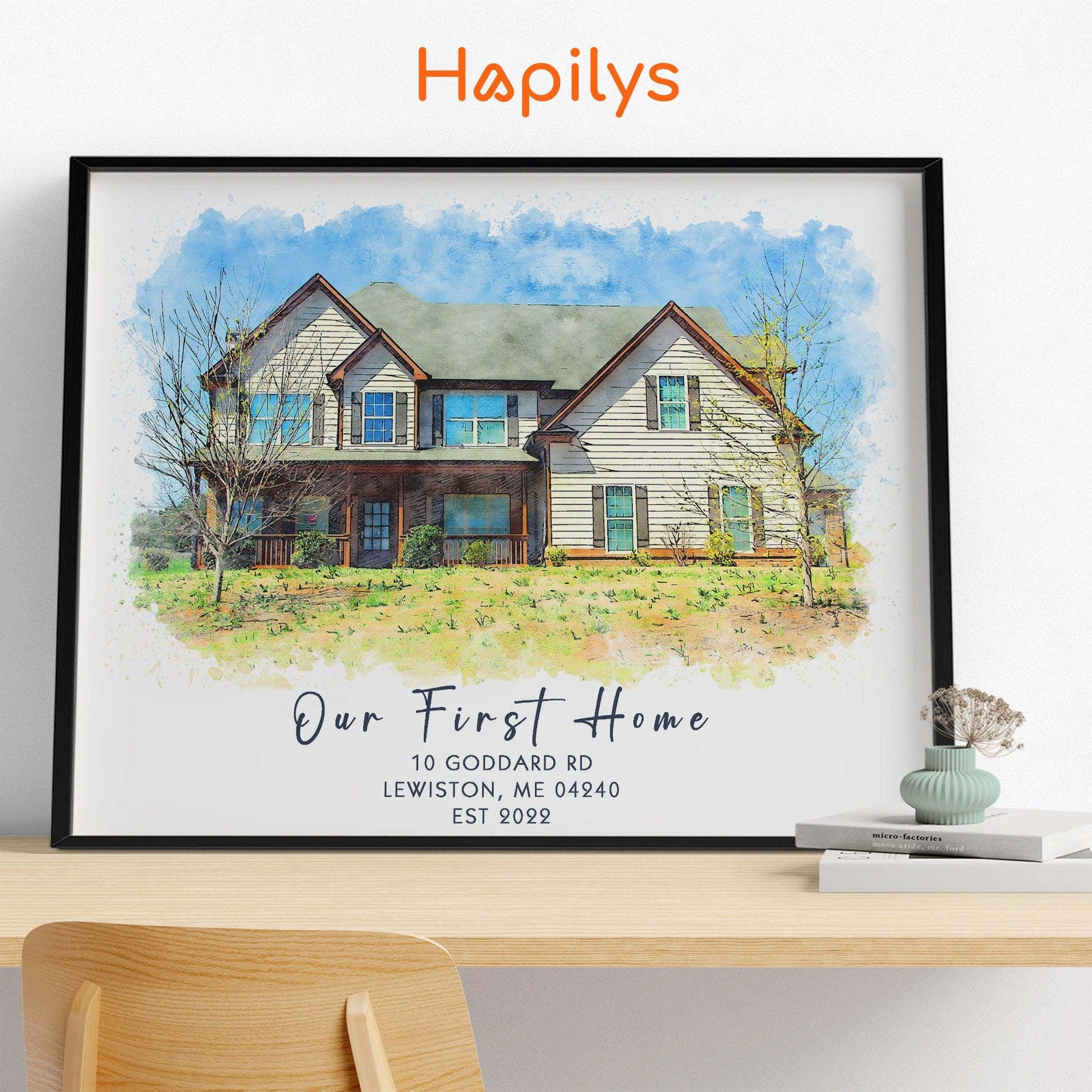 Hapilys Custom Watercolor House Portrait, Home Illustration, Realtor Closing Gift, Watercolor House Portrait from Photo, Housewarming Framed Canvas Gift