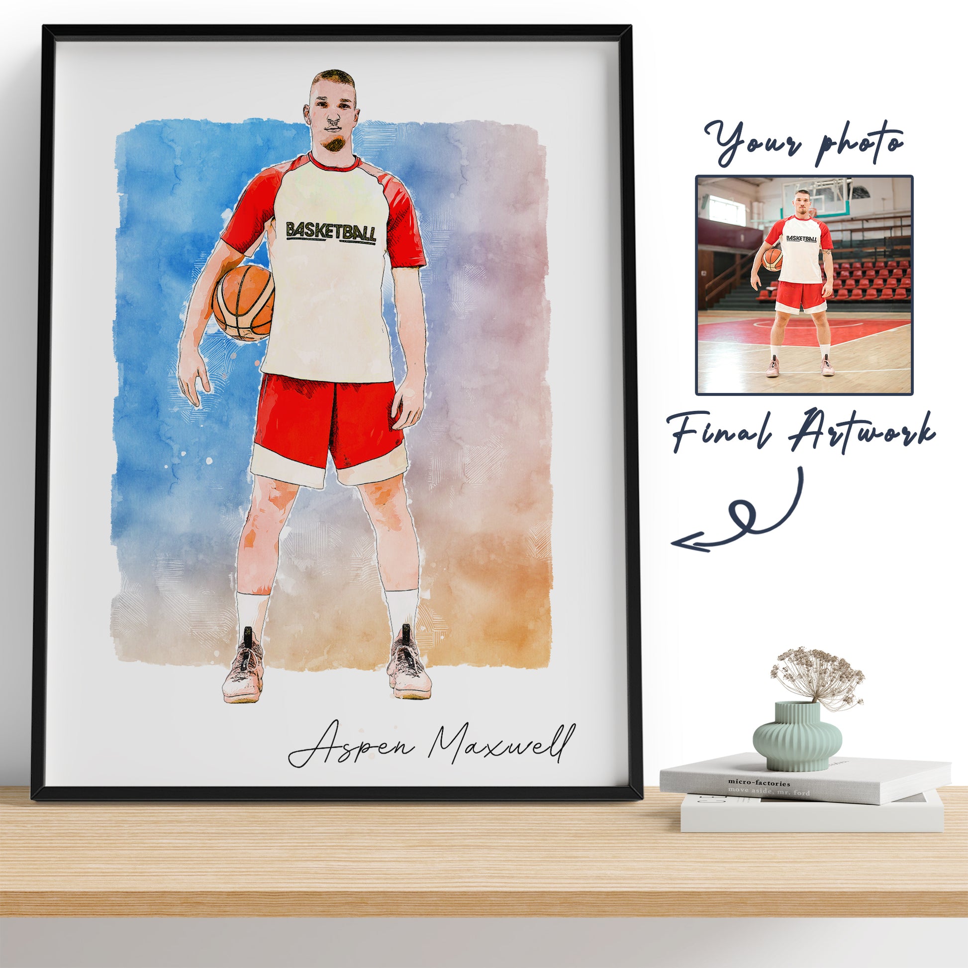 Hapilys Custom Basketball Player Gift, Custom Illustration Sketch Painting Framed Canvas