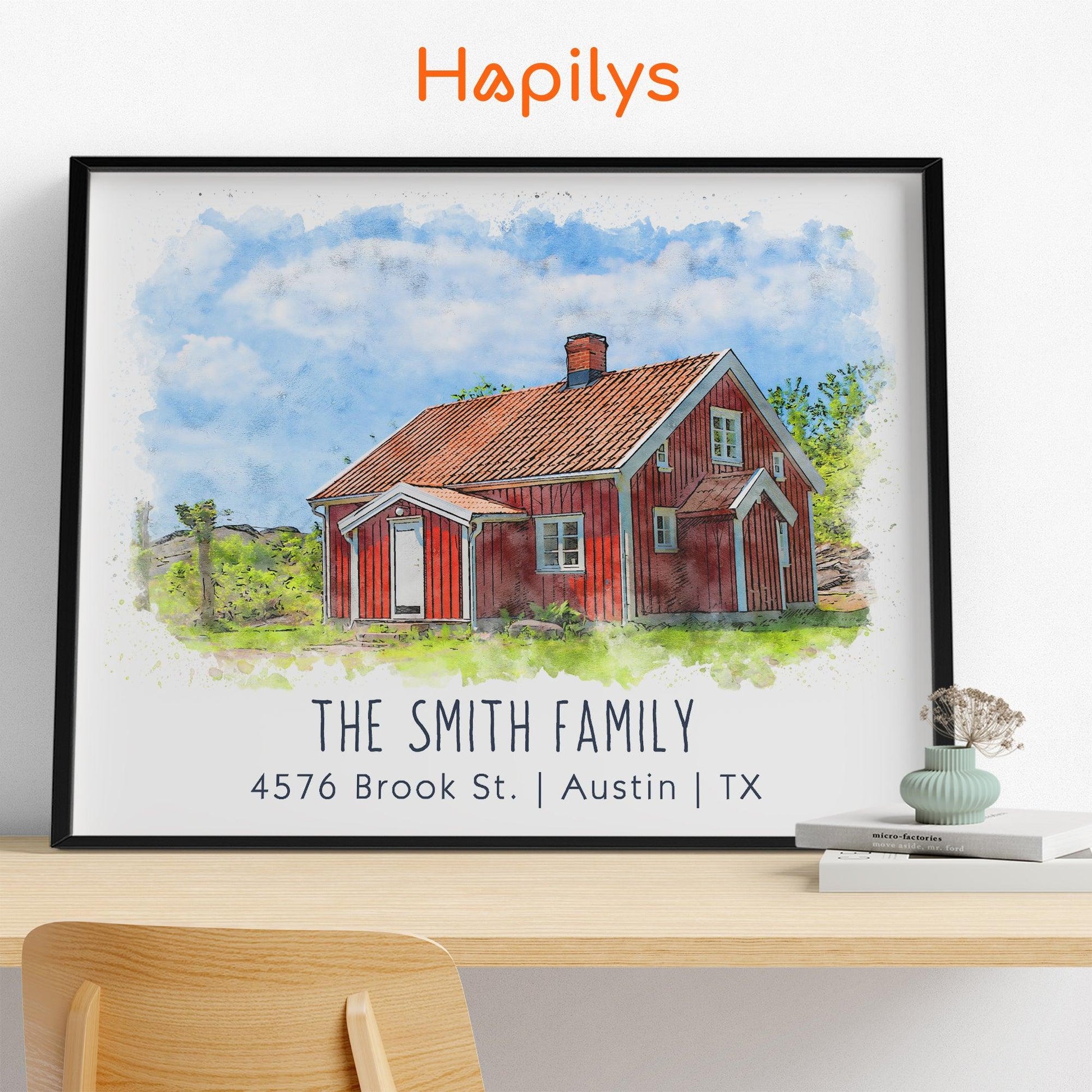 Hapilys Custom Watercolor House Portrait, Personalized Housewarming Gift, Realtor Closing Gift, First Home Gift, Home Illustration Framed Canvas