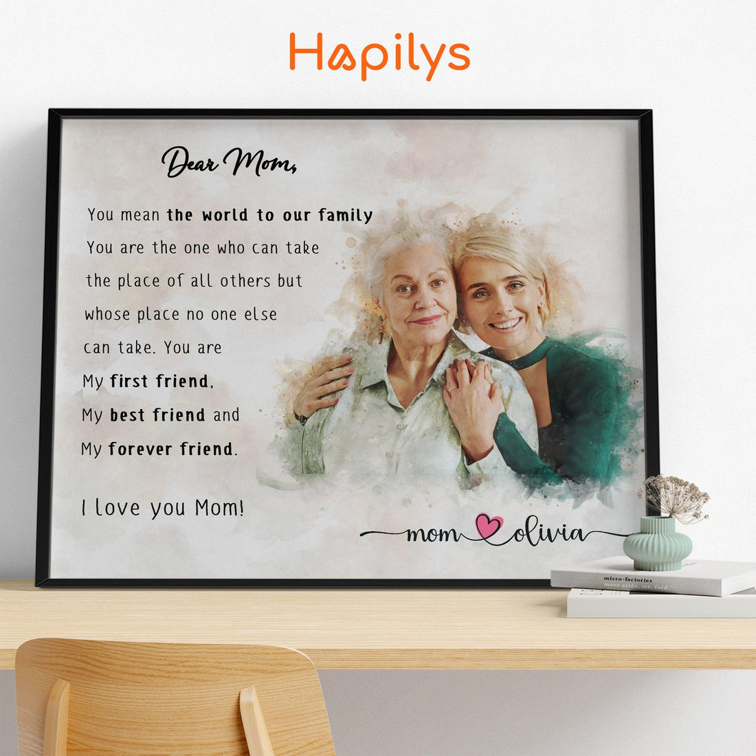 Hapilys Personalized Gift For Mom, Unique Gift For Mother, Watercolor Custom Portrait, Personalized Mother's Day Watercolor Portrait Framed Canvas