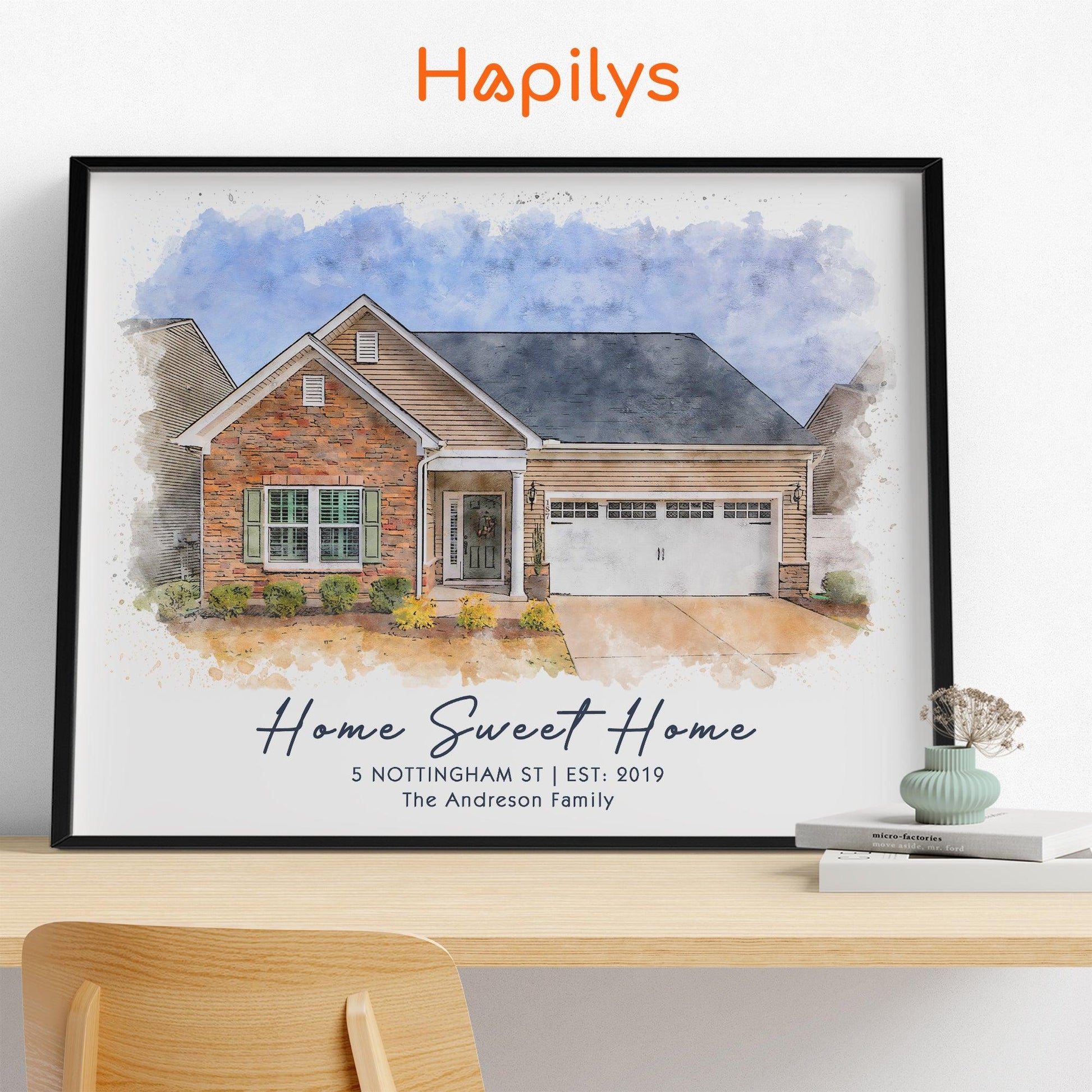 Hapilys Watercolor House Portrait from Photo, New Home Gift, Custom Housewarming, Realtor Closing Framed Canvas Gift