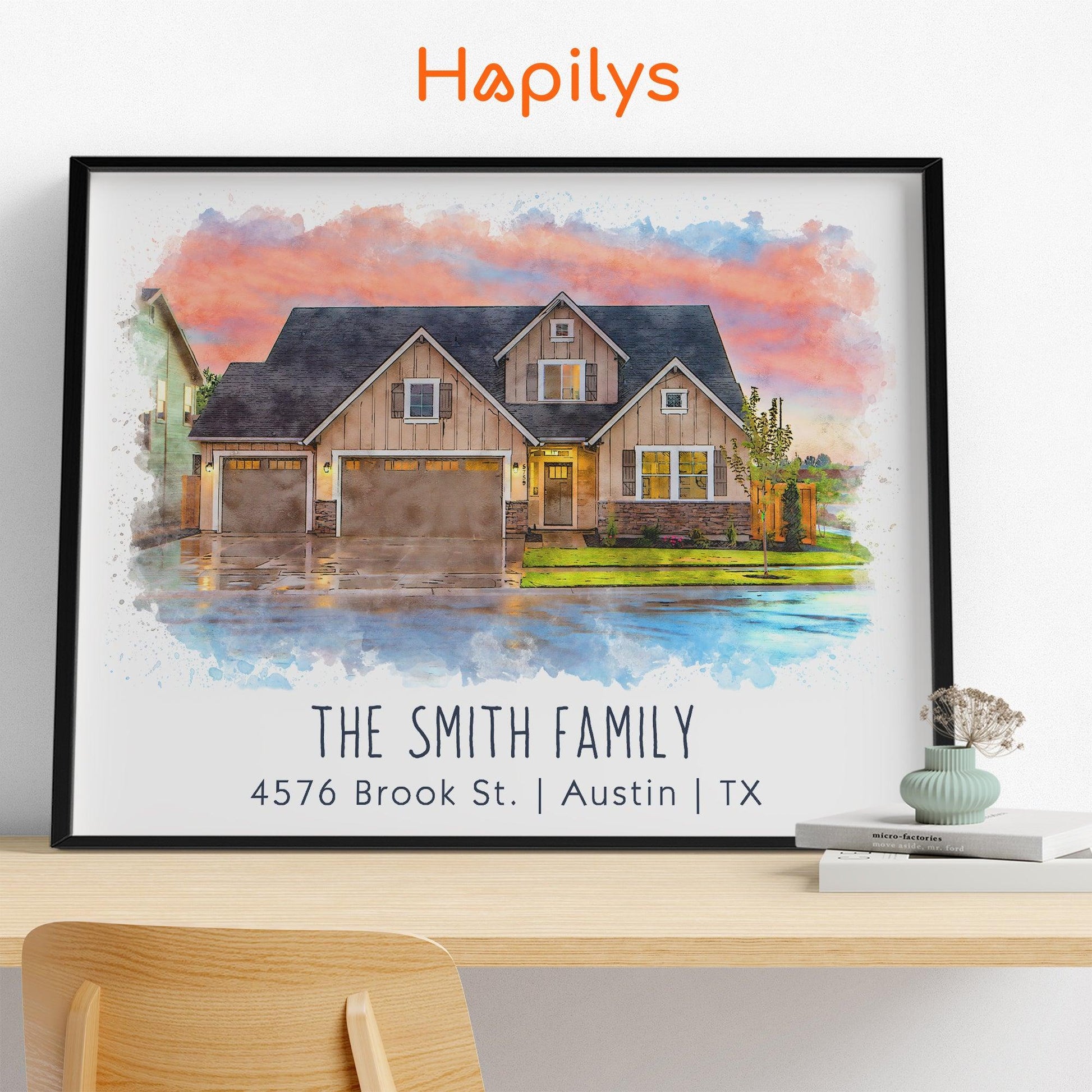 Hapilys Custom Watercolor House Portrait, Watercolor House Portrait from Photo, First Home Gift, Realtor Closing Gift, Home Portrait Framed Canvas