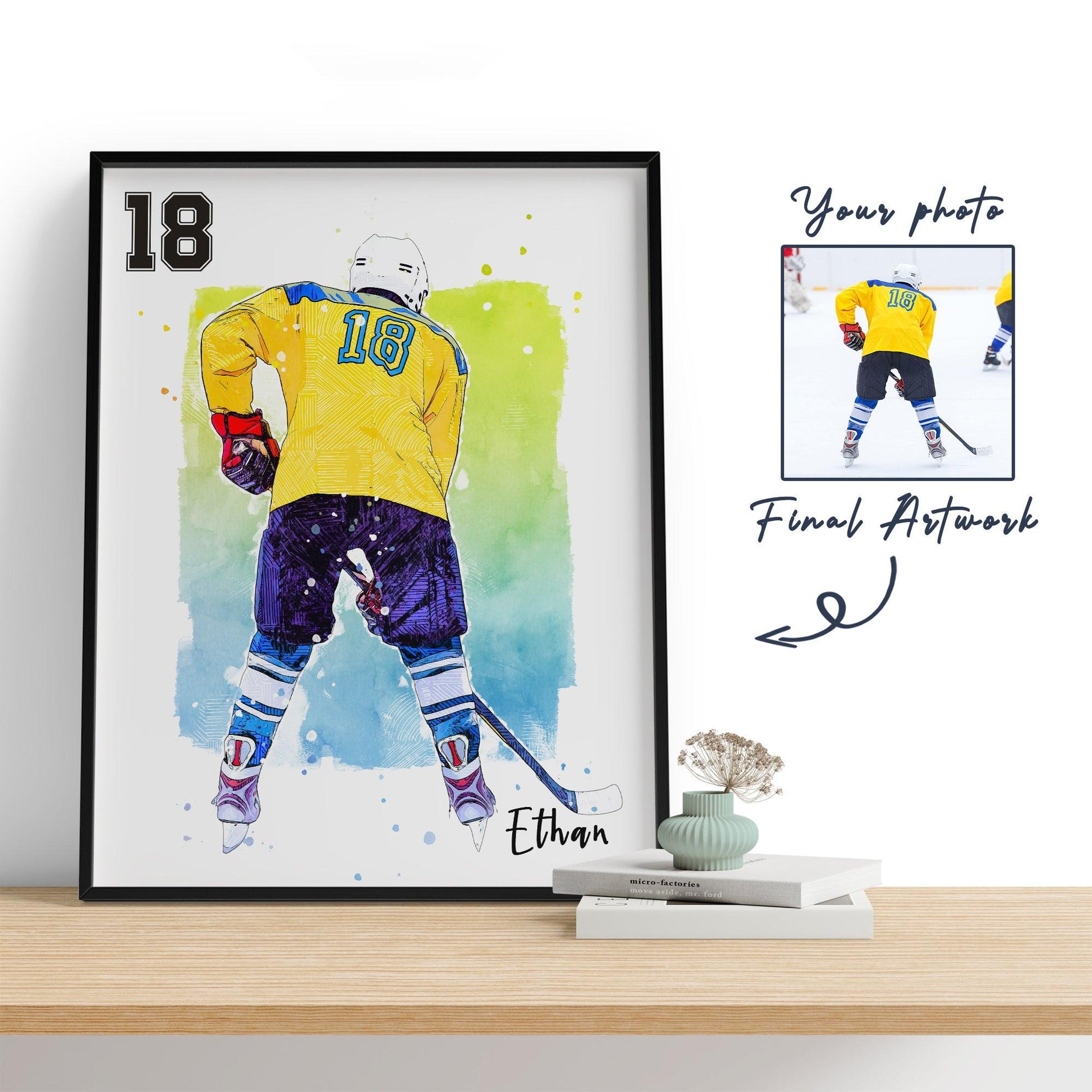 Hapilys Custom Ice Hockey Player Gifts, Hockey Gifts, Personalized Sketch Art Framed Canvas