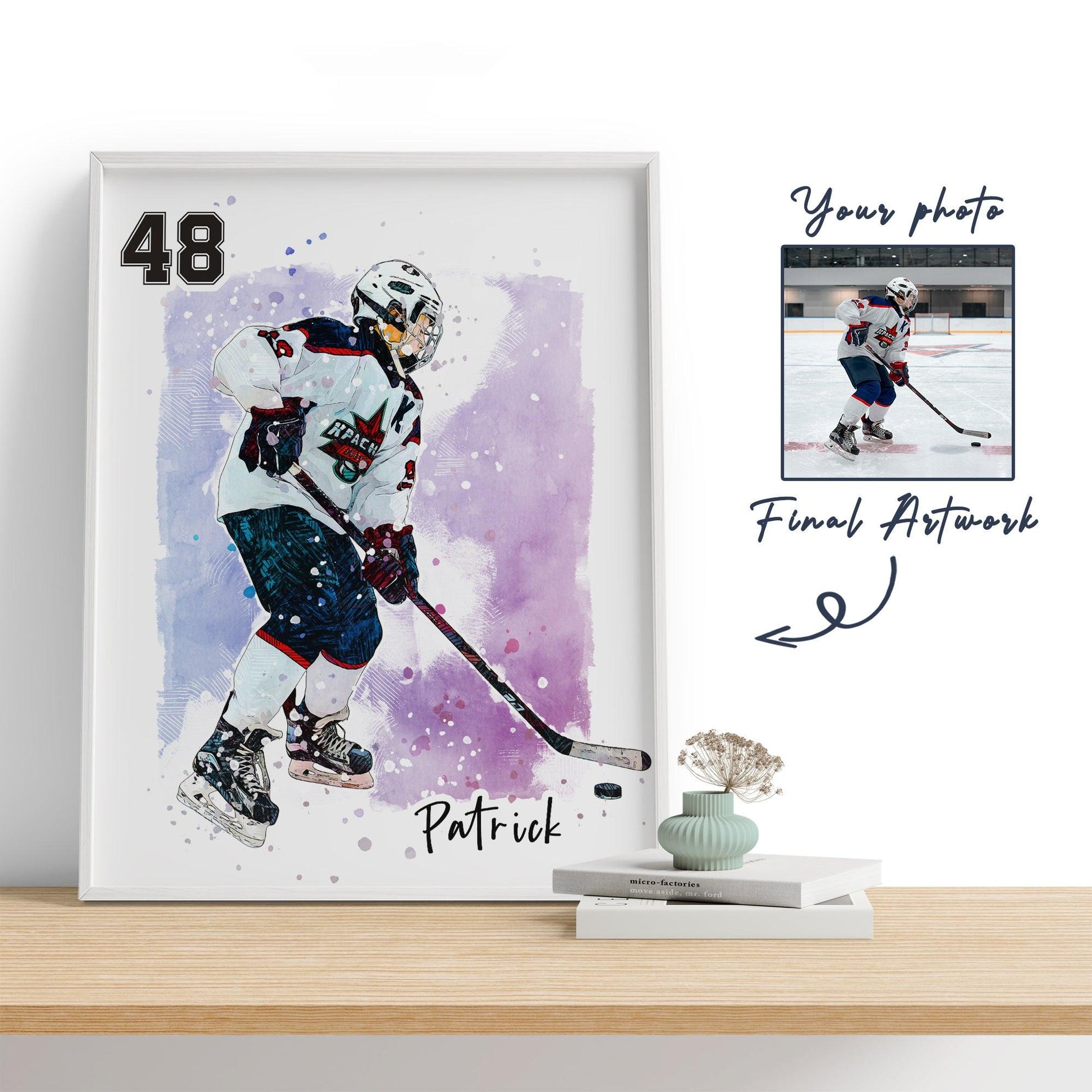 Hapilys Custom Ice Hockey Player Gifts, Hockey Gifts, Personalized Sketch Art Framed Canvas