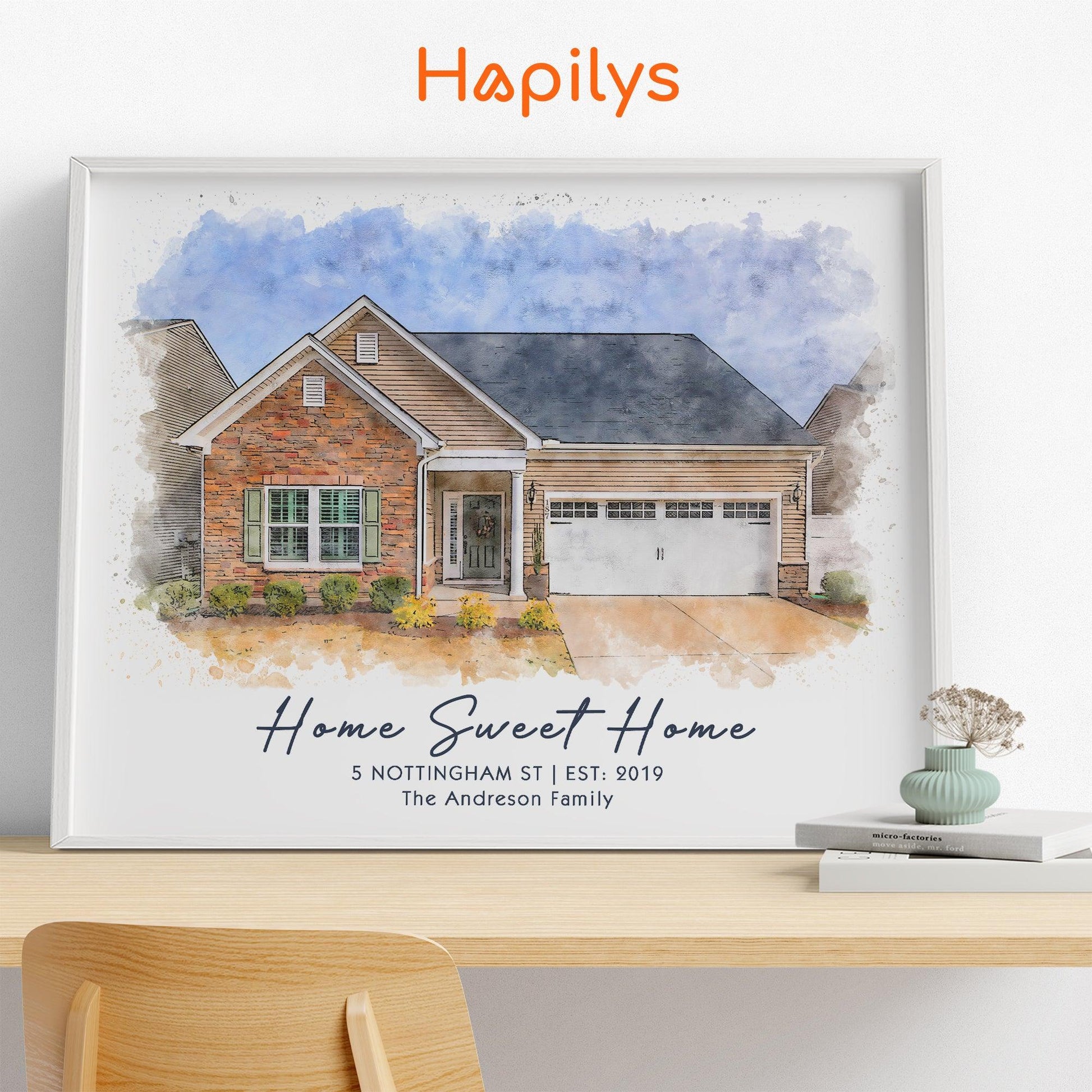 Hapilys Custom Watercolor House Portrait, Home Illustration, Realtor Closing Gift, Watercolor House Portrait from Photo, Housewarming Framed Canvas Gift