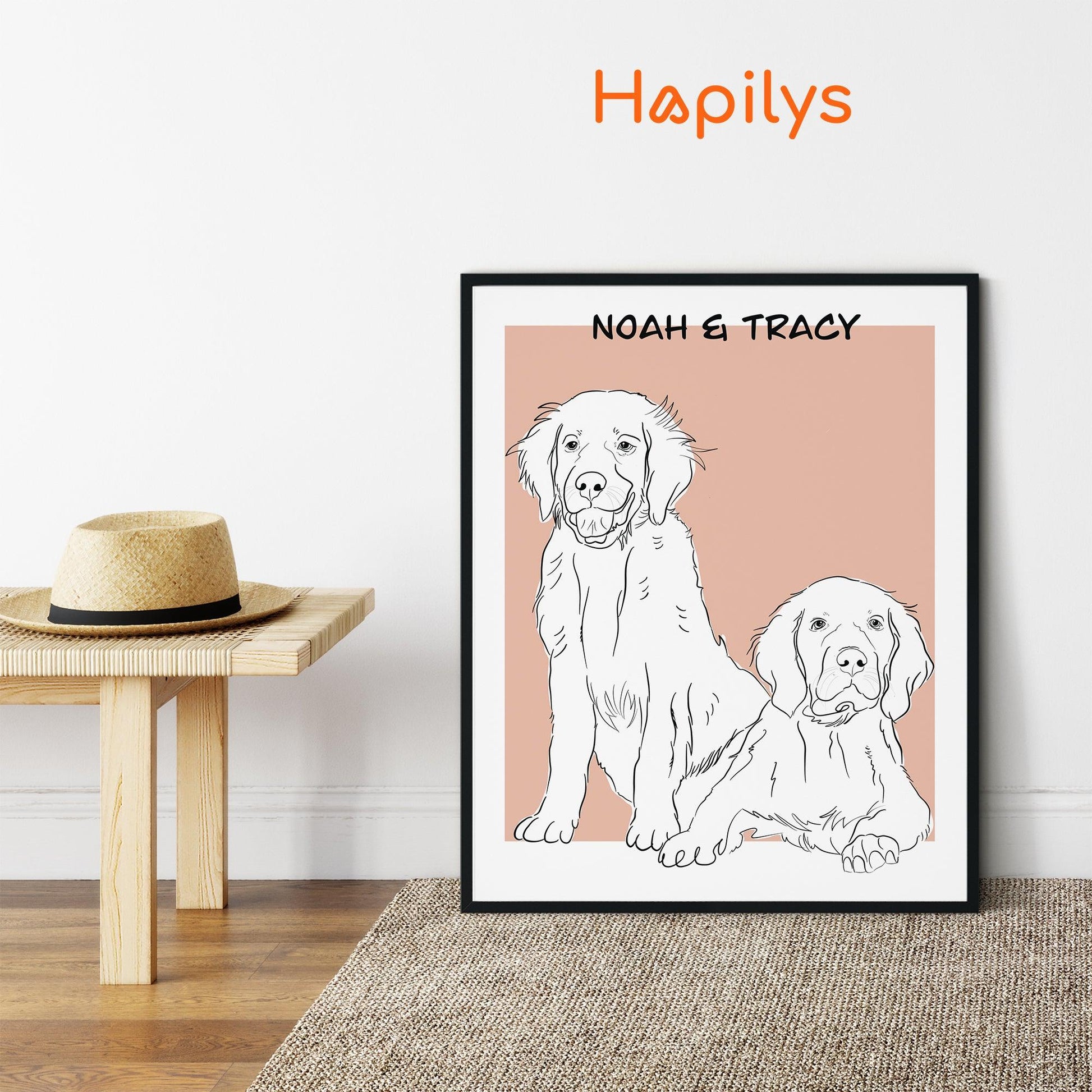 Hapilys Products Custom Dog Portrait Line Art Wall Decor, Dog Line Art Portrait Drawing Sketches from photo, Hand Drawn Dog Portrait Framed Canvas