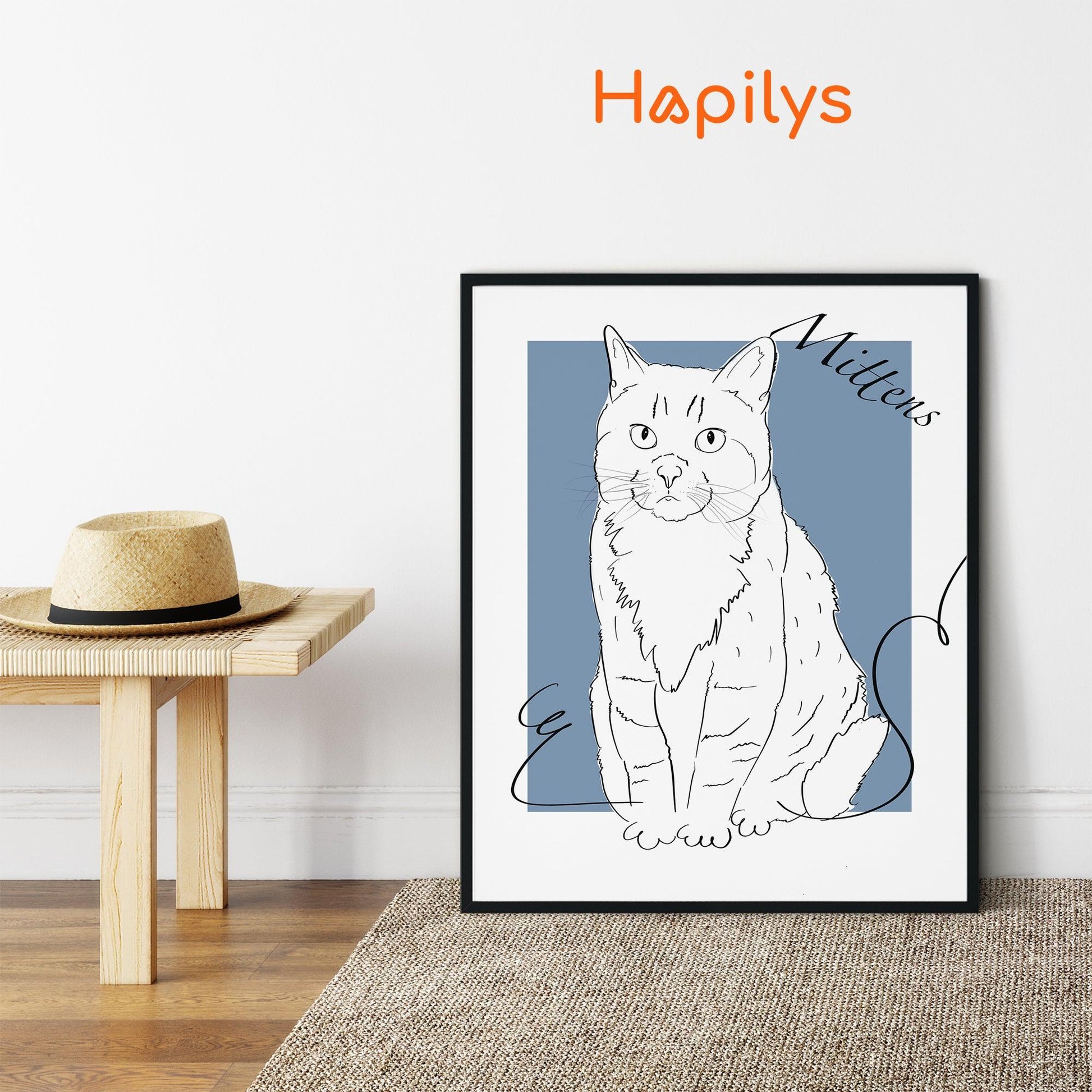 Hapilys Custom Cat Portrait Line Art Wall Decor, Cat Line Art Portrait Drawing Sketches from photo, Hand Drawn Cat Portrait Framed Canvas