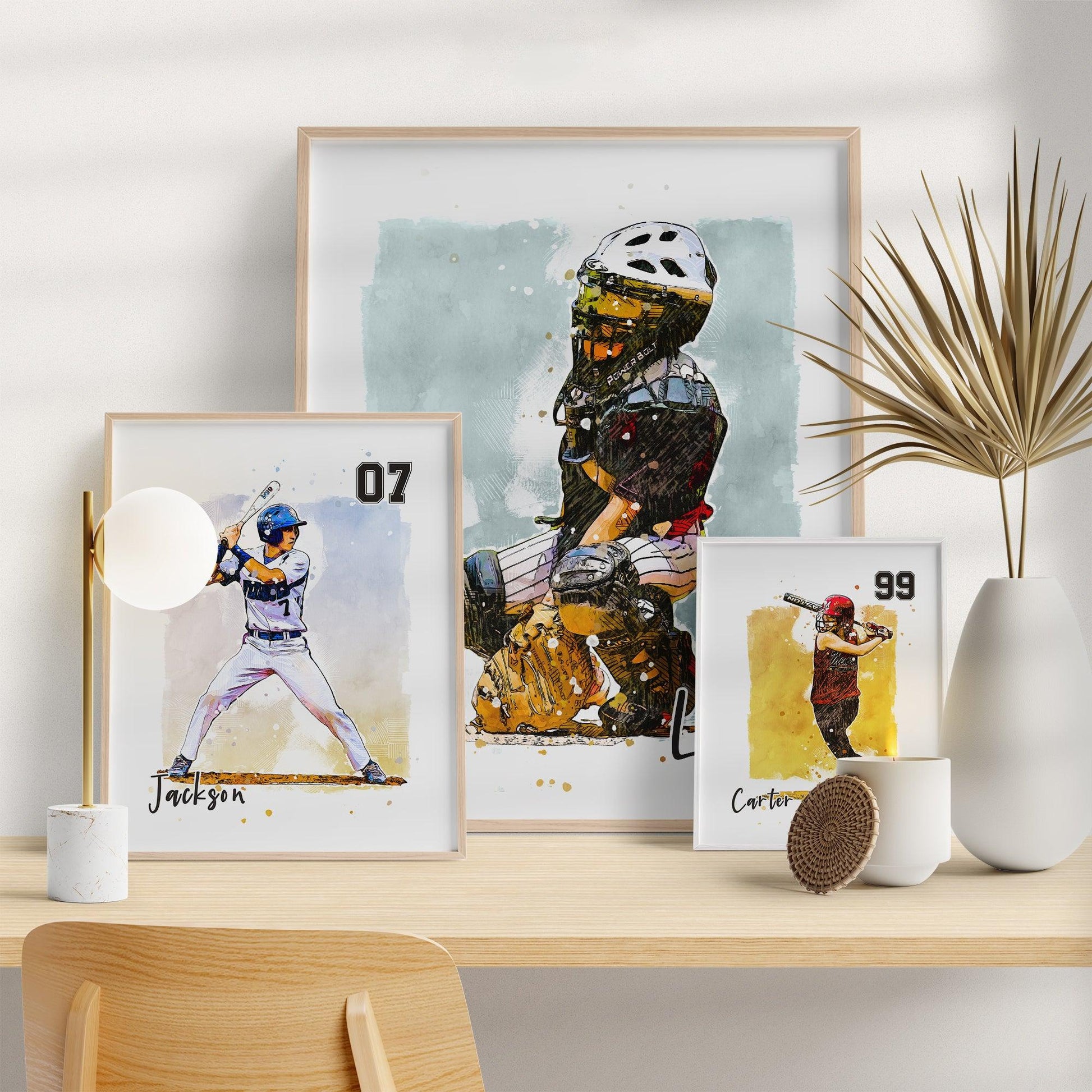 Hapilys Custom Baseball Player Gift, Custom Illustration Sketch Painting Framed Canvas