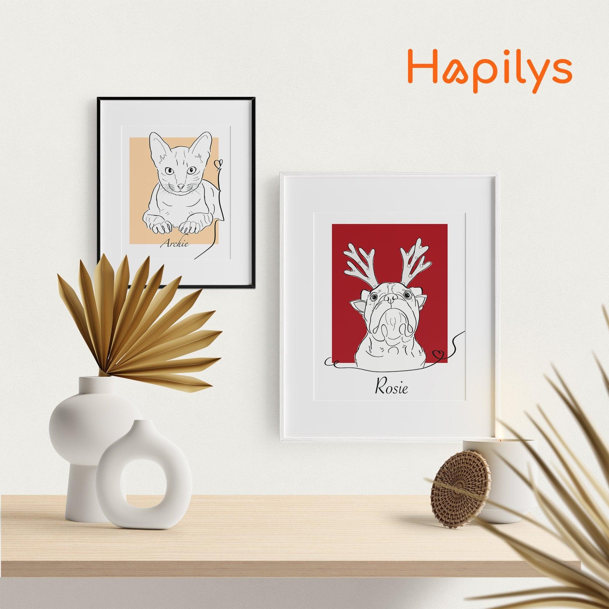 Hapilys Custom Cat Portrait Line Art Wall Decor, Cat Line Art Portrait Drawing Sketches from photo, Hand Drawn Cat Portrait Framed Canvas