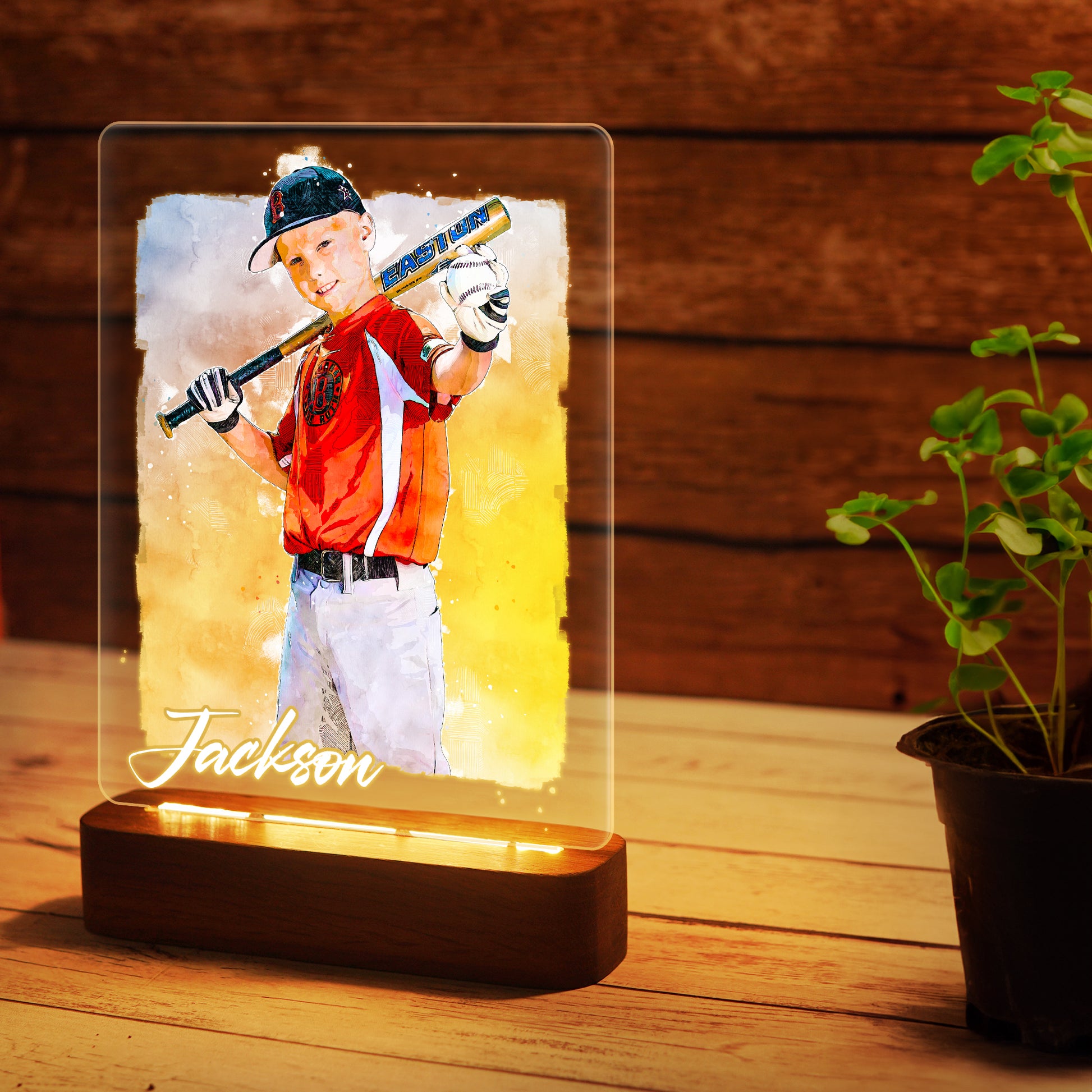 Custom Baseball Player Sketch Painting Wooden LED Light