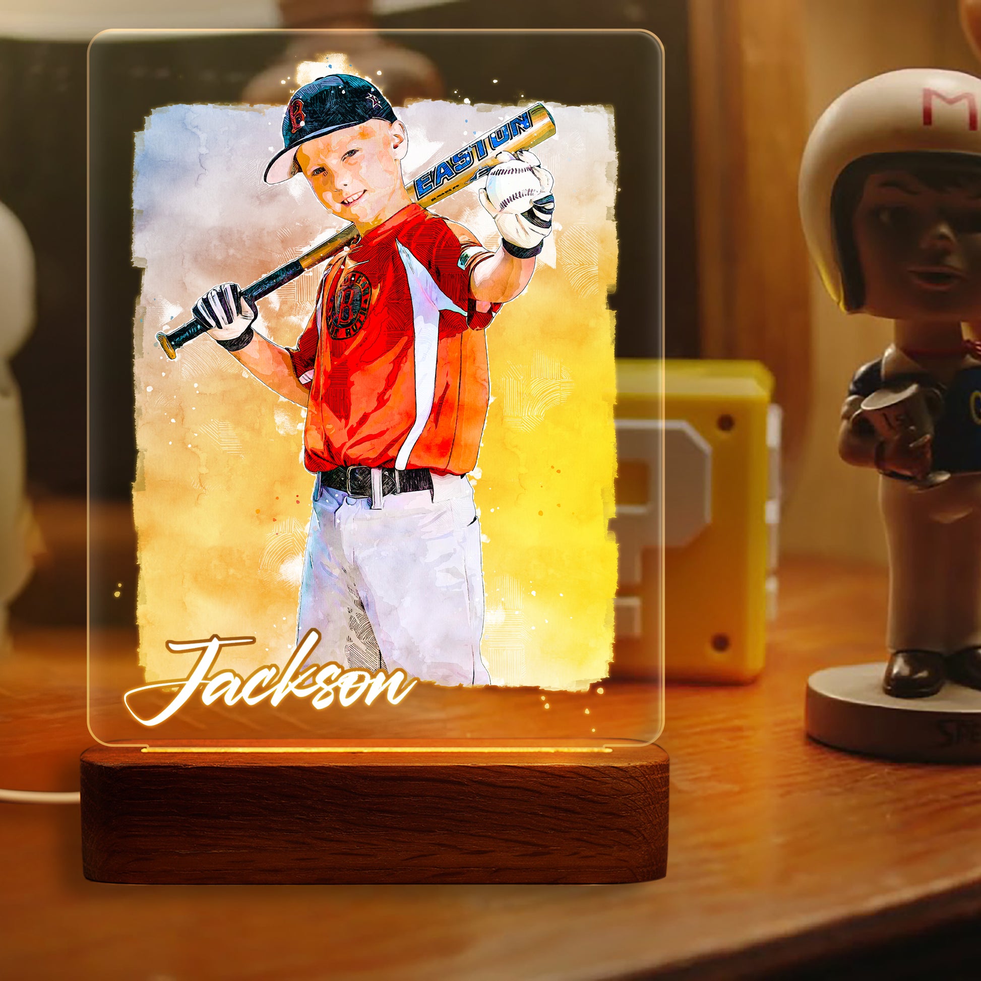 Custom Baseball Player Sketch Painting Wooden LED Light