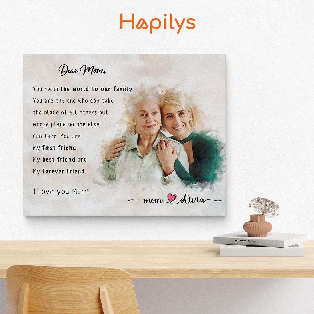 Hapilys Personalized Gift For Mom, Unique Gift For Mother, Watercolor Custom Portrait, Personalized Mother's Day Watercolor Portrait Matte Canvas