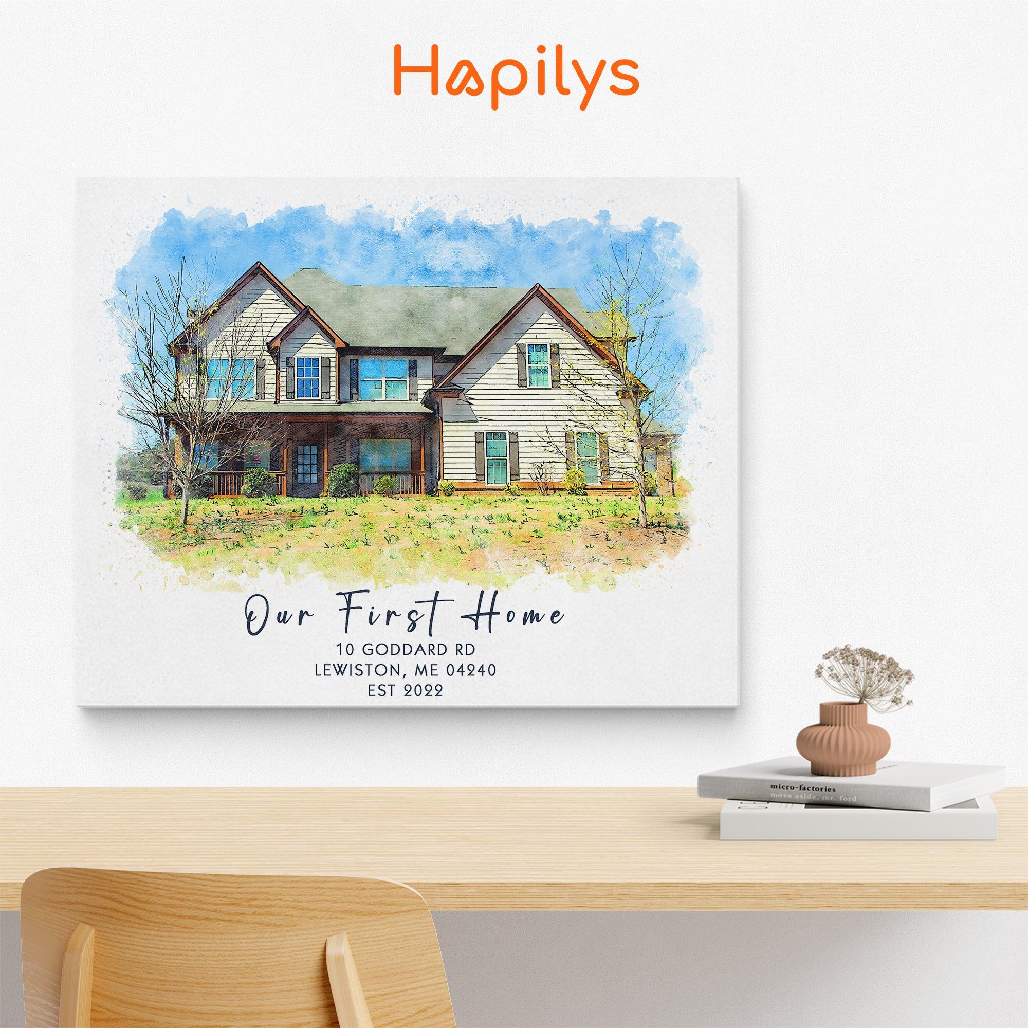 Hapilys Custom Watercolor House Portrait, Personalized Housewarming Gift, Realtor Closing Gift, First Home Gift, Home Illustration Matte Canvas