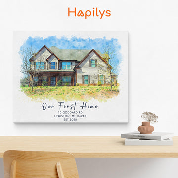 Hapilys Custom Watercolor House Portrait, Personalized Housewarming Gift, Realtor Closing Gift, First Home Gift, Home Illustration Matte Canvas